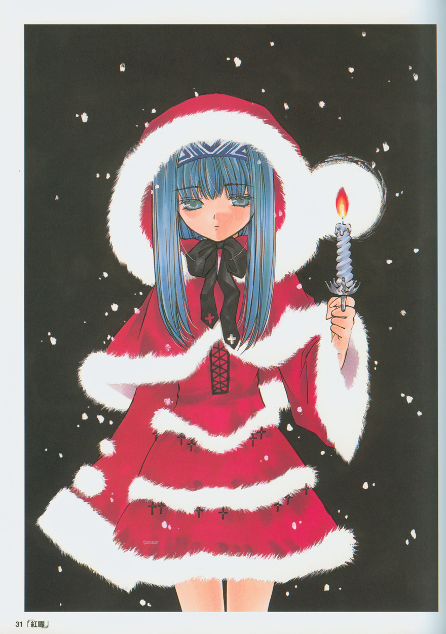 azuma mayumi, reverie metherlence, elemental gelade, highres, 00s, 1girl, blue hair, candle, capelet, christmas, cross, female focus, hat, long hair, santa costume, snow, solo
