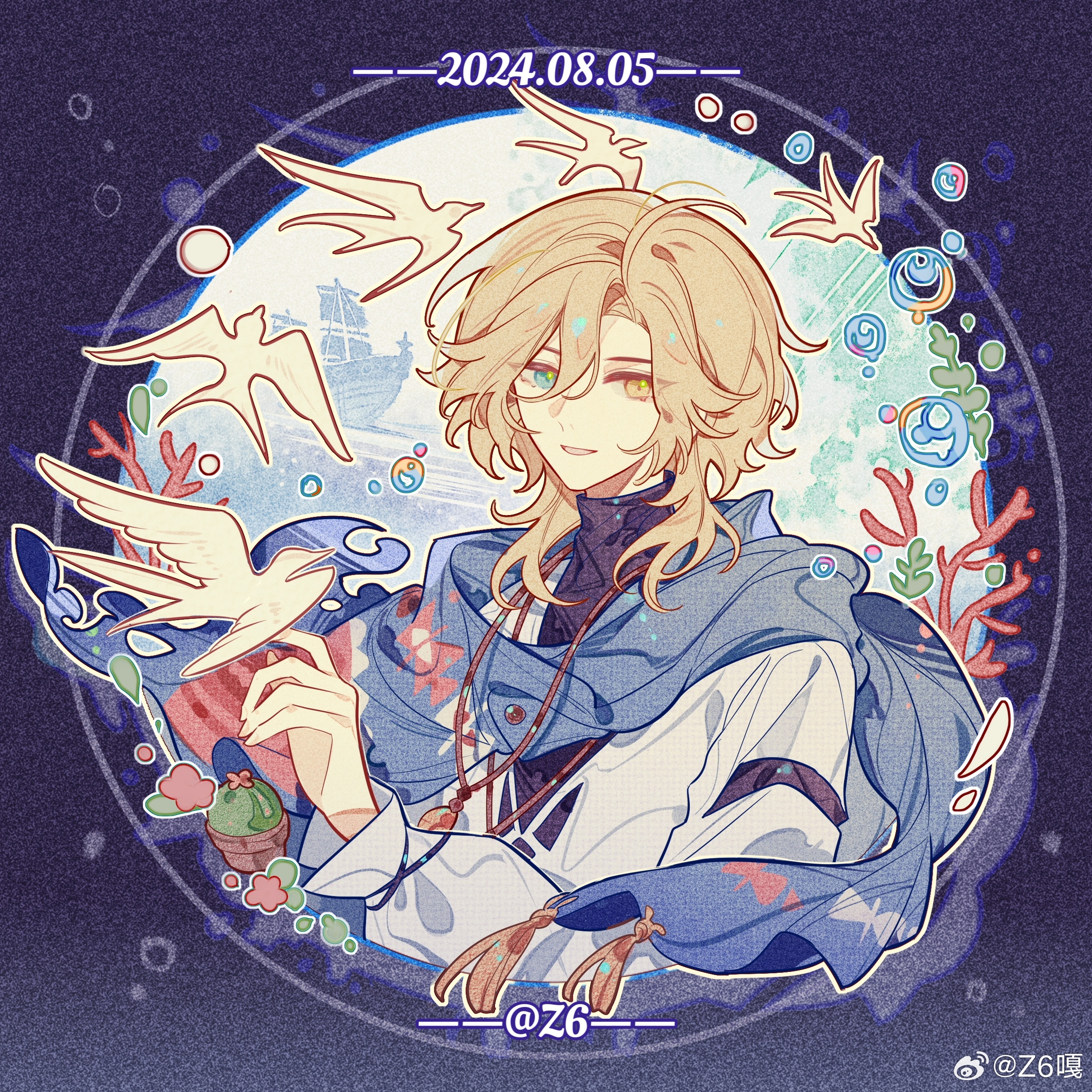 z6, lars rorschach, lars rorschach (eden), lovebrush chronicles, absurdres, chinese commentary, highres, 1boy, ahoge, air bubble, aqua eyes, artist name, bird, black shirt, blonde hair, blue border, blue cloak, border, bubble, cactus, cloak, coral, curtained hair, dated, feather necklace, gradient border, hair between eyes, hand up, heterochromia, jacket, jewelry, long sleeves, looking at viewer, male focus, medium hair, necklace, ocean, outside border, parted lips, pendant, plant, potted plant, print cloak, round image, ship, shirt, sideways glance, smile, solo, swallow (bird), tassel, turtleneck, turtleneck shirt, upper body, watercraft, watermark, weibo watermark, white jacket, yellow eyes
