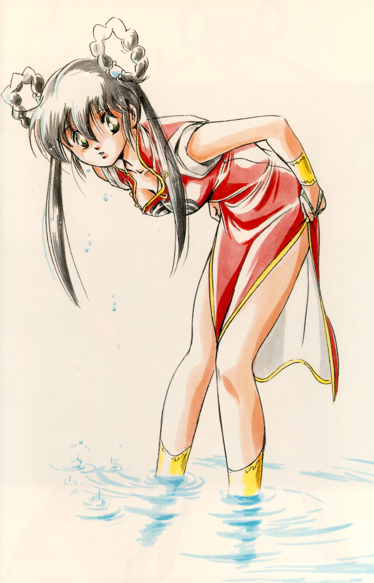mano youko, mamono hunter youko, 1990s (style), bent over, china dress, chinese clothes, dress, retro artstyle, solo, water, wet