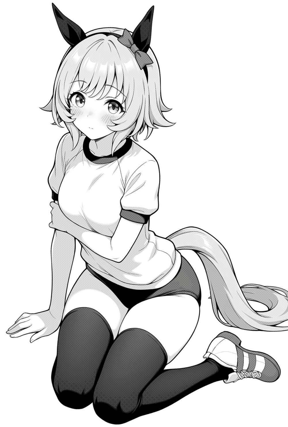akagi koku, curren chan (umamusume), umamusume, commentary, highres, 1girl, animal ears, arm under breasts, blush, bow, breasts, buruma, closed mouth, ear bow, full body, greyscale, gym shirt, gym uniform, hairband, horse ears, horse girl, horse tail, large breasts, monochrome, shirt, shoes, short hair, short sleeves, simple background, sitting, sneakers, solo, tail, thighhighs