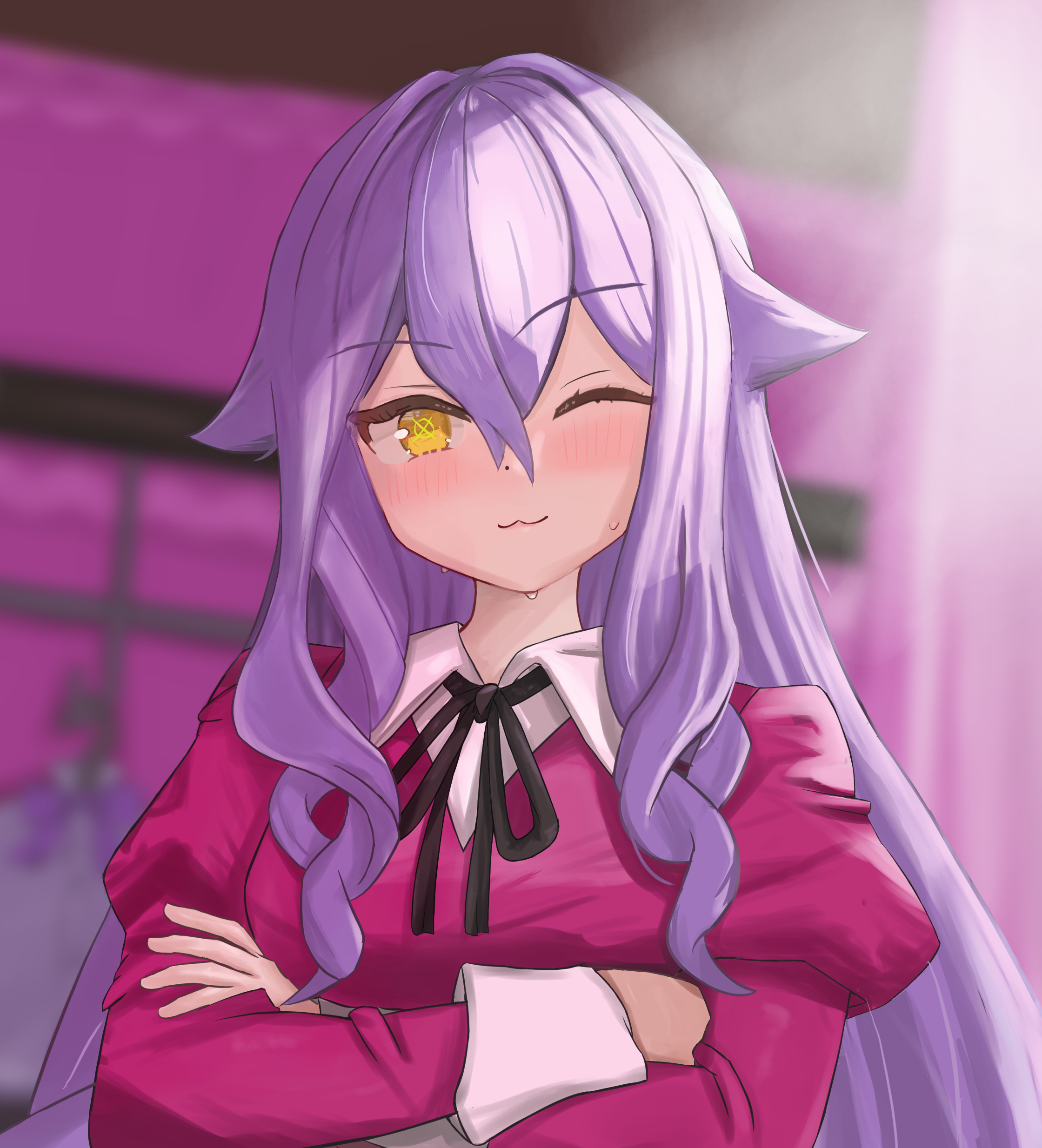 masita (kcsf3528), sirin, sirin (miracle magical girl), honkai (series), honkai impact 3rd, absurdres, highres, 1girl, blush, breasts, crossed arms, long hair, looking at viewer, one eye closed, purple hair, purple shirt, shirt, small breasts, solo, sweat, yellow eyes