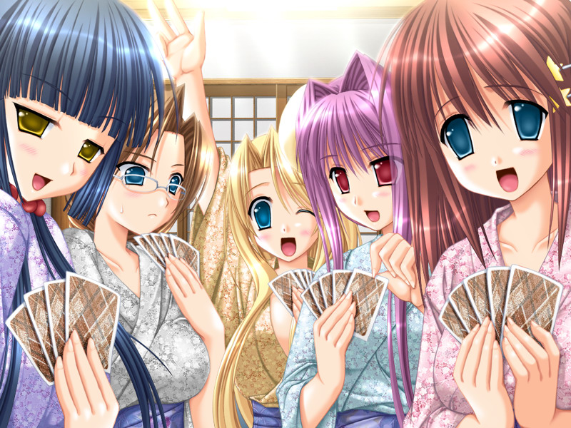 miyasu risa, himemiya eiko, mikihara satomi, minase sayaka, yuzuki hotaru, honoo no haramase tenkousei, game cg, 5girls, blush, card, glasses, hair intakes, holding, holding card, japanese clothes, kimono, multiple girls, one eye closed, playing games, smile, wink