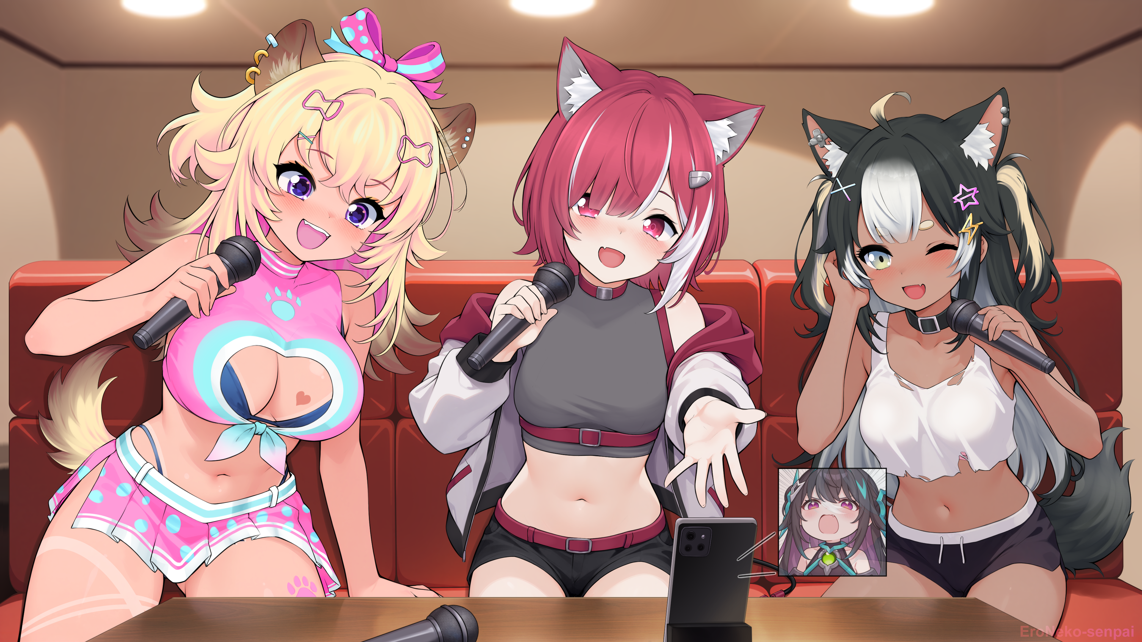 eroneko senpai, lyko lianna, poma pon, rara rocora, terra 404, v4mirai, commission, commissioner upload, highres, 4girls, ahoge, animal ear fluff, animal ears, belly, black hair, blonde hair, bow, breasts, cat ears, ceiling, ceiling light, cellphone, couch, dog tail, ear piercing, eyebrows hidden by hair, eyelashes, green eyes, hair bow, hair ornament, hair ribbon, hairclip, karaoke, long hair, microphone, multicolored hair, multiple girls, music, navel, one eye closed, open mouth, pants, phone, piercing, pink eyes, purple eyes, red hair, ribbon, short hair, shorts, singing, skirt, smartphone, star (symbol), star hair ornament, tail, teeth, tongue, virtual youtuber, wink, x hair ornament
