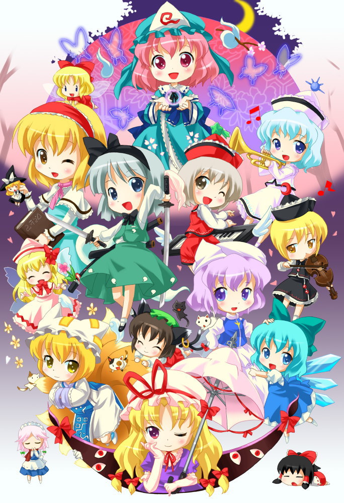 michii yuuki, alice margatroid, chen, cirno, hakurei reimu, izayoi sakuya, kirisame marisa, konpaku youmu, konpaku youmu (ghost), letty whiterock, lily white, lunasa prismriver, lyrica prismriver, merlin prismriver, saigyouji yuyuko, shanghai doll, yakumo ran, yakumo yukari, perfect cherry blossom, touhou, yoake mae yori ruri iro na, light purple hair, silver hair, 6+girls, :d, ;d, animal ears, animal hat, black hair, blonde hair, blue dress, blue eyes, blue hair, book, bow, braid, brown hair, bug, butterfly, cat, cat ears, cat tail, cherry blossoms, chibi, closed eyes, crescent moon, crystal, detached sleeves, doll, dress, dual wielding, earrings, elbow gloves, everyone, female focus, flower, fox tail, gap (touhou), ghost, gloves, green dress, hairband, hand on another's head, hands in opposite sleeves, hat, holding, holding weapon, ice, ice wings, insect, instrument, jewelry, katana, keyboard (instrument), long hair, long sleeves, looking at viewer, maid, mob cap, moon, multiple girls, multiple tails, night, night sky, one eye closed, open mouth, petals, pink eyes, pink hair, plant, puffy short sleeves, puffy sleeves, purple eyes, saigyouji yuyuko's fan design, shoes, short hair, short sleeves, sky, smile, socks, sword, tabard, tail, tassel, tree, triangular headpiece, trumpet, twin braids, umbrella, very long hair, violin, weapon, white dress, wide sleeves, wings, witch hat, yellow eyes