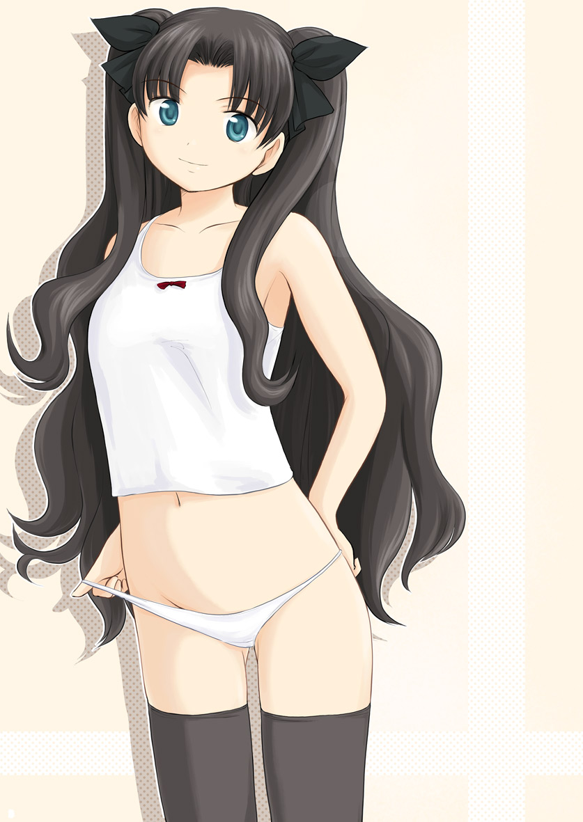 ryp, tohsaka rin, fate/stay night, fate (series), 00s, 1girl, black thighhighs, camisole, female focus, lingerie, lowleg, lowleg panties, navel, panties, panty pull, solo, thighhighs, underwear, white panties