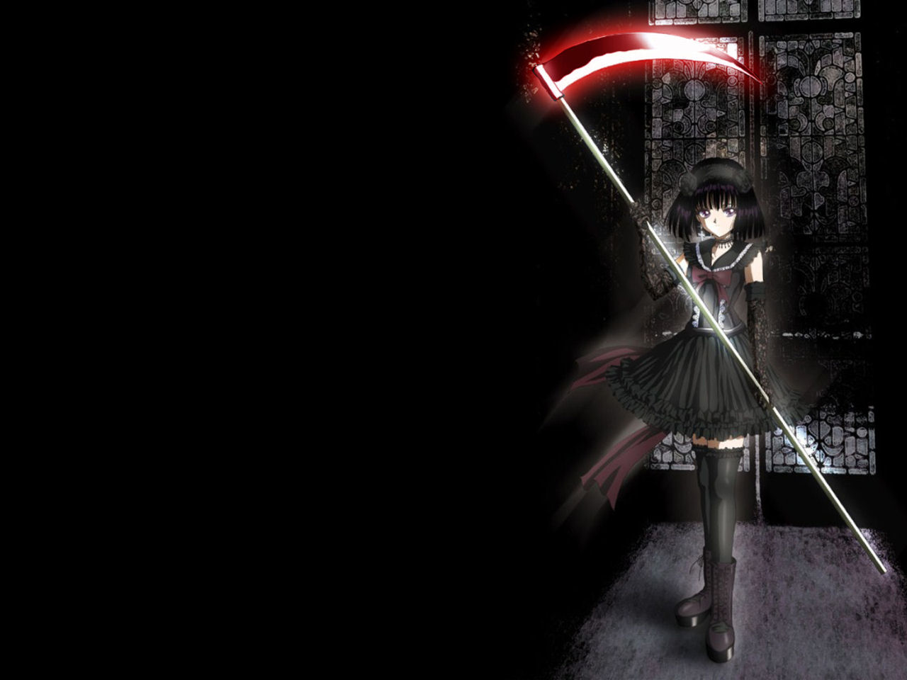 hino ryutaro, tomoe hotaru, bishoujo senshi sailor moon, 1990s (style), 1girl, alternate costume, black hair, black theme, black thighhighs, bob cut, boots, bow, choker, cross, dark, dress, female focus, frilled thighhighs, frills, full body, gloves, goth fashion, gothic lolita, lace, latin cross, lolita fashion, purple eyes, retro artstyle, scythe, solo, thighhighs
