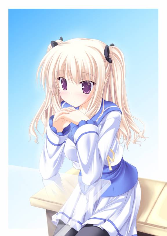 tenmaso, hibarigaoka yuki, bra-ban!, jpeg artifacts, 1girl, blonde hair, blush, female focus, mole, mole under eye, own hands together, pantyhose, purple eyes, school uniform, serafuku, sitting, solo, twintails