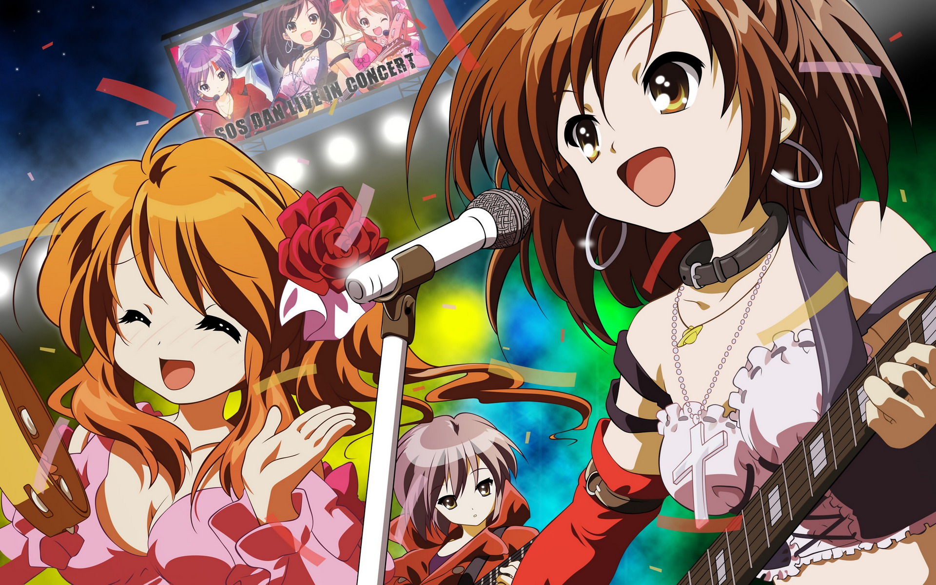 ikeda shouko, asahina mikuru, nagato yuki, suzumiya haruhi, megami magazine, suzumiya haruhi no yuuutsu, highres, 00s, 3girls, earrings, guitar, hoop earrings, instrument, jewelry, microphone, microphone stand, multiple girls