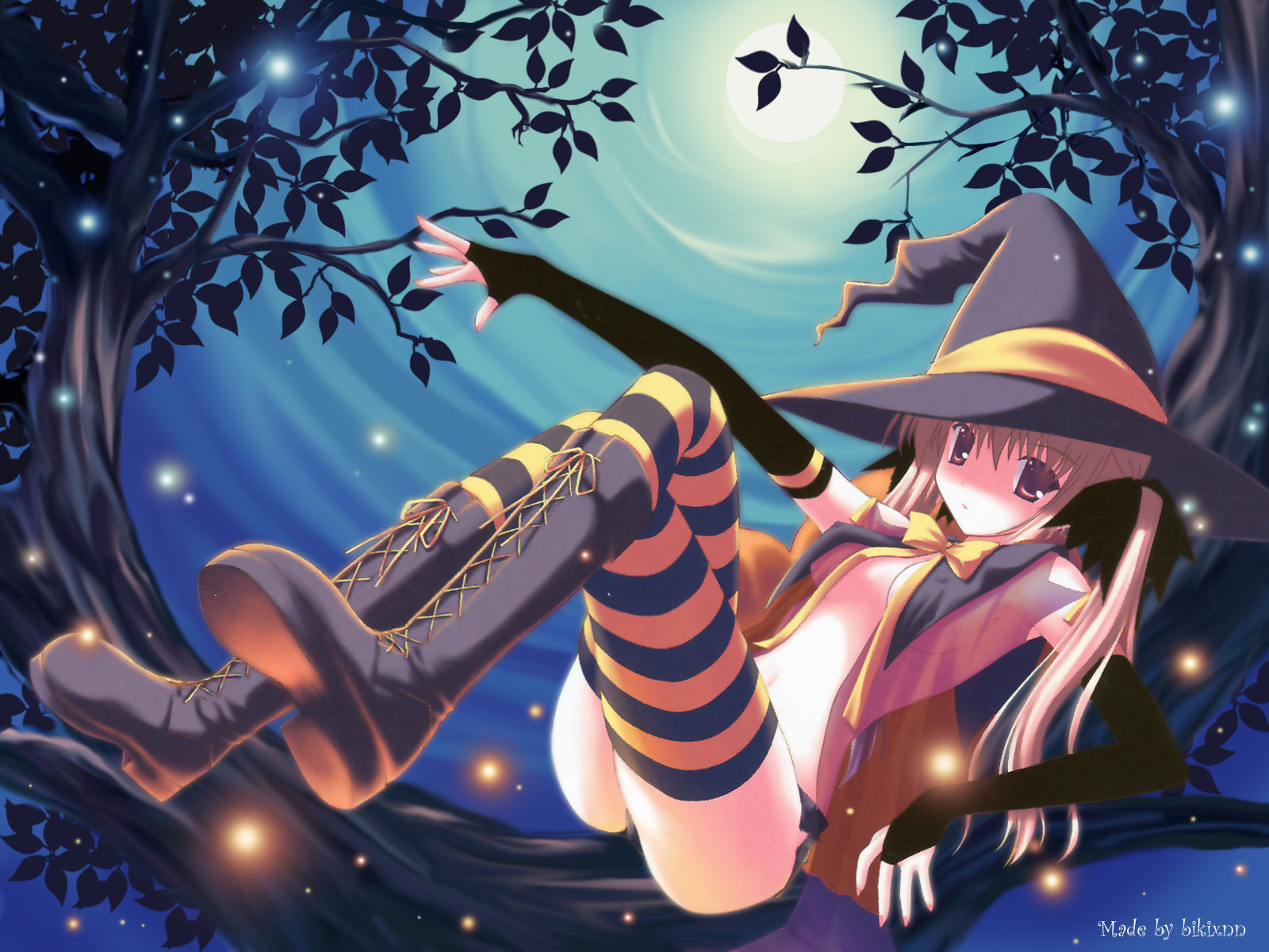highres, blonde hair, boots, brown eyes, elbow gloves, english text, gloves, lace-up boots, moon, open clothes, open shirt, panties, shirt, solo, striped clothes, striped thighhighs, thighhighs, twintails, underwear, witch