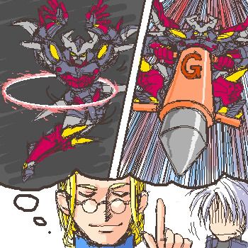 dygenguar, robert h oomiya, sanger zonvolt, banpresto, super robot wars, lowres, 2boys, dygenguard, male focus, mecha, multiple boys, parody, robot, super robot