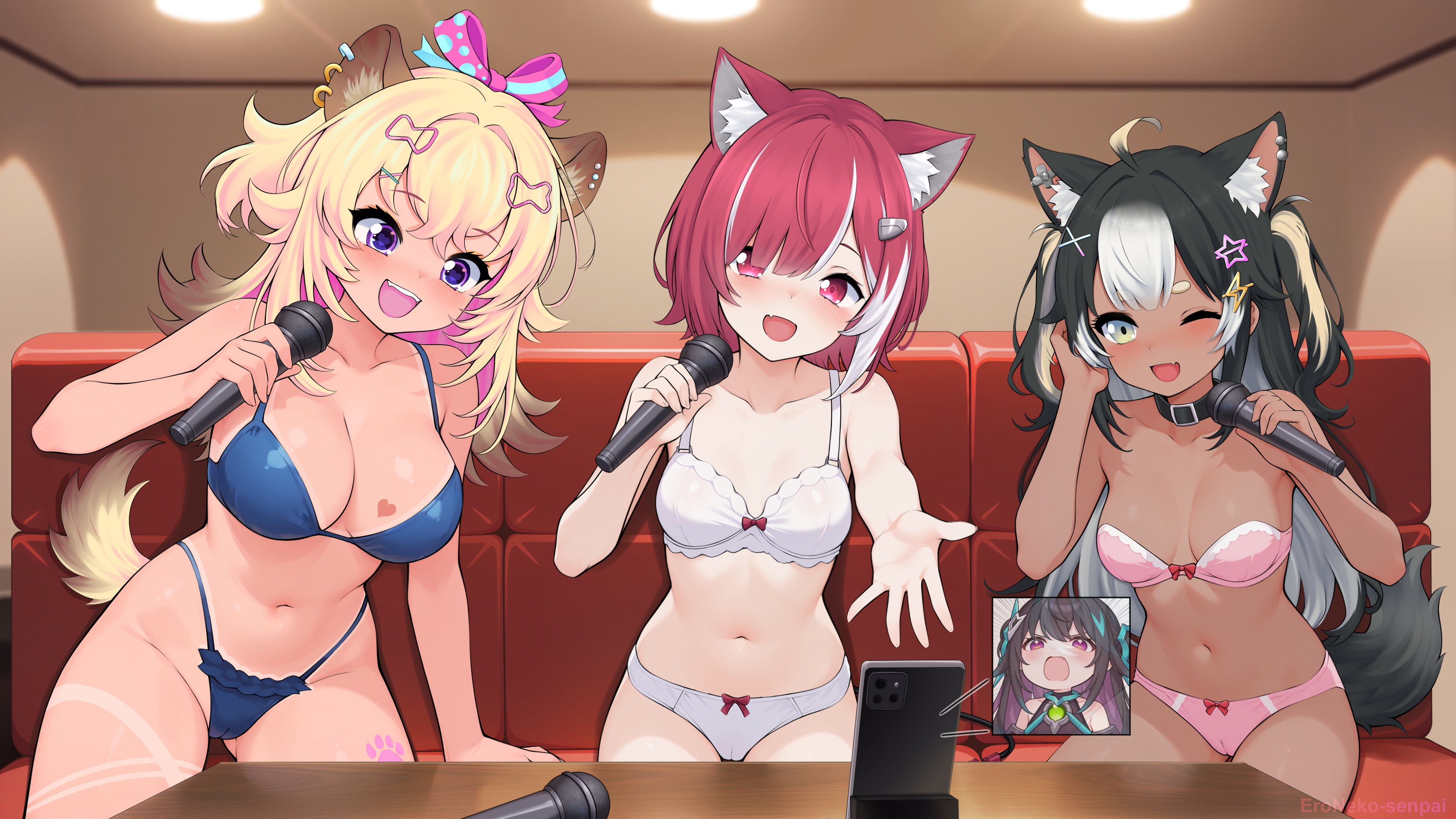 eroneko senpai, lyko lianna, poma pon, rara rocora, terra 404, v4mirai, commission, commissioner upload, highres, 4girls, ahoge, animal ear fluff, animal ears, belly, black hair, blonde hair, blue bra, blue panties, bow, bra, breasts, cat ears, ceiling, ceiling light, cellphone, couch, dog tail, ear piercing, eyebrows hidden by hair, eyelashes, green eyes, hair bow, hair ornament, hair ribbon, hairclip, karaoke, long hair, microphone, multicolored hair, multiple girls, music, navel, one eye closed, open mouth, panties, phone, piercing, pink bra, pink eyes, pink panties, purple eyes, red hair, ribbon, short hair, singing, smartphone, star (symbol), star hair ornament, tail, teeth, tongue, underwear, underwear only, virtual youtuber, white bra, white panties, wink, x hair ornament