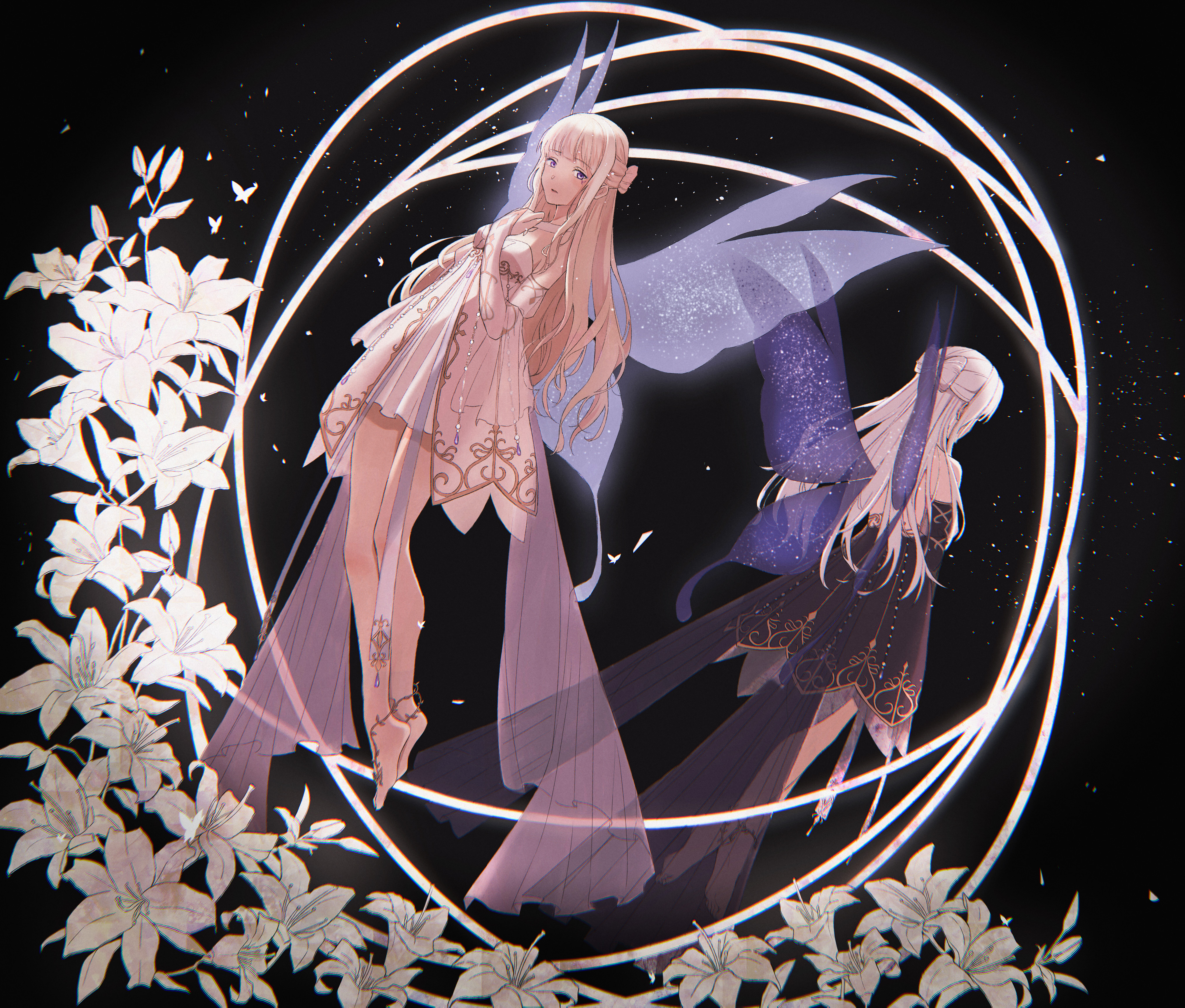 nikki (series), shining nikki, absurdres, highres, 2girls, back-to-back, bare shoulders, barefoot sandals (jewelry), beads, black background, black dress, black sleeves, blonde hair, blue eyes, blue wings, blunt bangs, bow-shaped hair, bridal gauntlets, closed mouth, detached sleeves, dress, dual persona, elves' elegy (shining nikki), elves' prayer (shining nikki), expressionless, eyelashes, fairy, fairy wings, floating, flower, from behind, full body, glitter, hair beads, hair bun, hair ornament, hand on own chest, light particles, lily (flower), long hair, multiple girls, official alternate color, petals, puffy short sleeves, puffy sleeves, purple wings, short dress, short sleeves, single hair bun, strapless, strapless dress, train (clothing), very long hair, white bridal gauntlets, white dress, white flower, white hair, white sleeves, wings, yuuzukii (sakurid)
