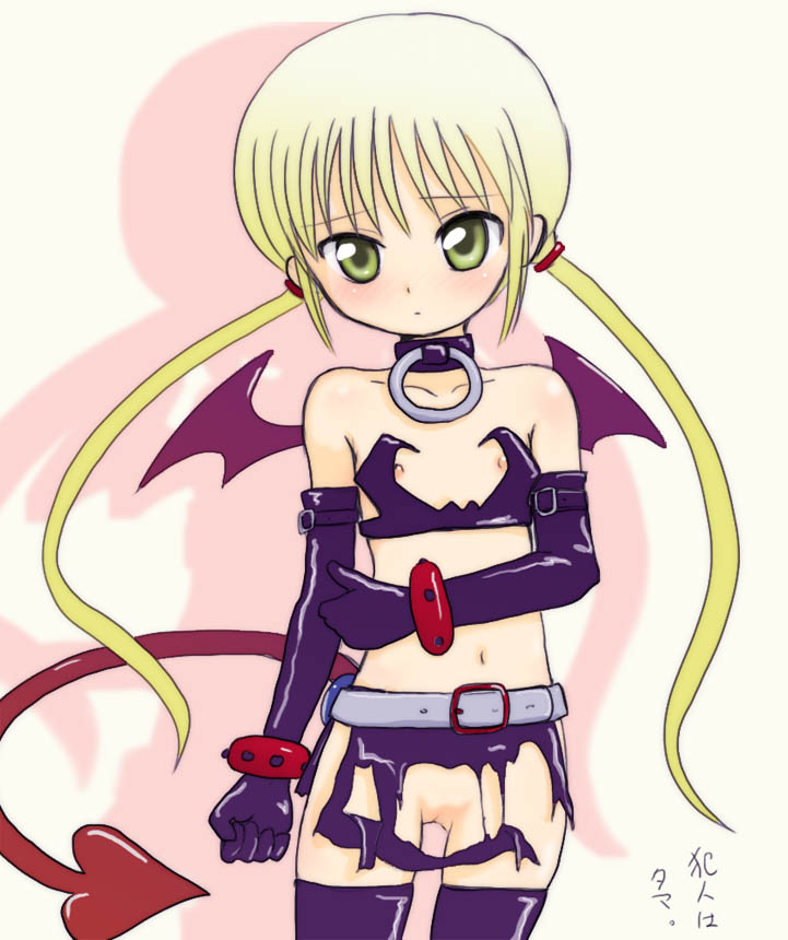 yuuichi (tareme paradise), etna (disgaea), sanzen'in nagi, disgaea, hayate no gotoku!, makai senki disgaea, 1girl, blonde hair, cosplay, etna (disgaea) (cosplay), female focus, flat chest, green eyes, loli, long hair, nipples, pussy, solo, thighhighs, torn clothes, twintails