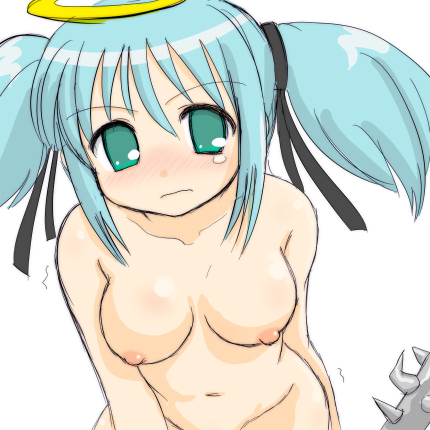 yuuichi (tareme paradise), mitsukai dokuro, bokusatsu tenshi dokuro-chan, 00s, 1girl, aqua eyes, aqua hair, bent over, blue hair, blush, breasts, female focus, green eyes, hair ribbon, halo, looking at viewer, medium breasts, navel, nipples, no pupils, nose blush, nude, out-of-frame censoring, ribbon, simple background, solo, tears, trembling, twintails