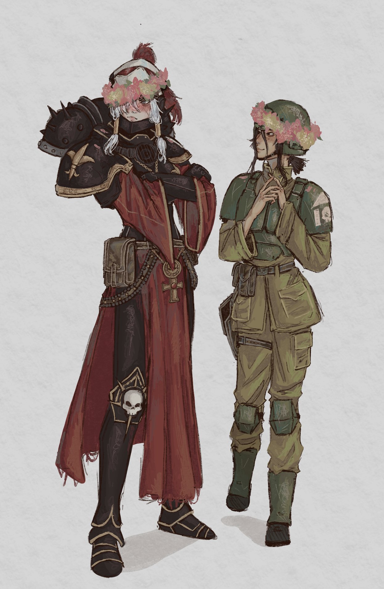 adepta sororitas, astra militarum, warhammer 40k, highres, 2girls, adept pelinal, armor, blush, fleur-de-lis, flower wreath, head wreath, helmet, military uniform, multiple girls, pauldrons, power armor, short hair, shoulder armor, skull, skull ornament, white hair