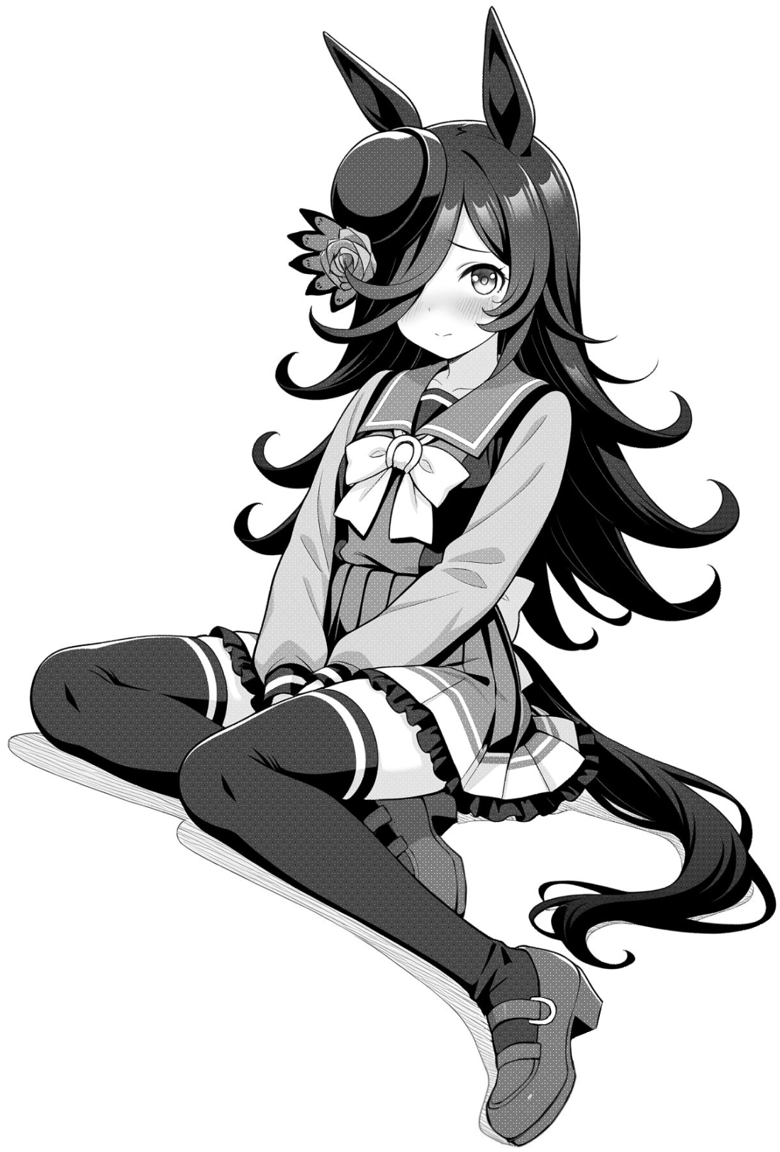 akagi koku, rice shower (umamusume), umamusume, commentary, highres, 1girl, animal ears, back bow, blush, bow, bowtie, closed mouth, collarbone, frilled skirt, frills, full body, furrowed brow, greyscale, hair over one eye, hat, horse ears, horse girl, long hair, long sleeves, monochrome, pleated skirt, sailor collar, school uniform, shirt, shoes, simple background, sitting, skirt, solo, thighhighs, tracen school uniform, white bow, white bowtie, zettai ryouiki