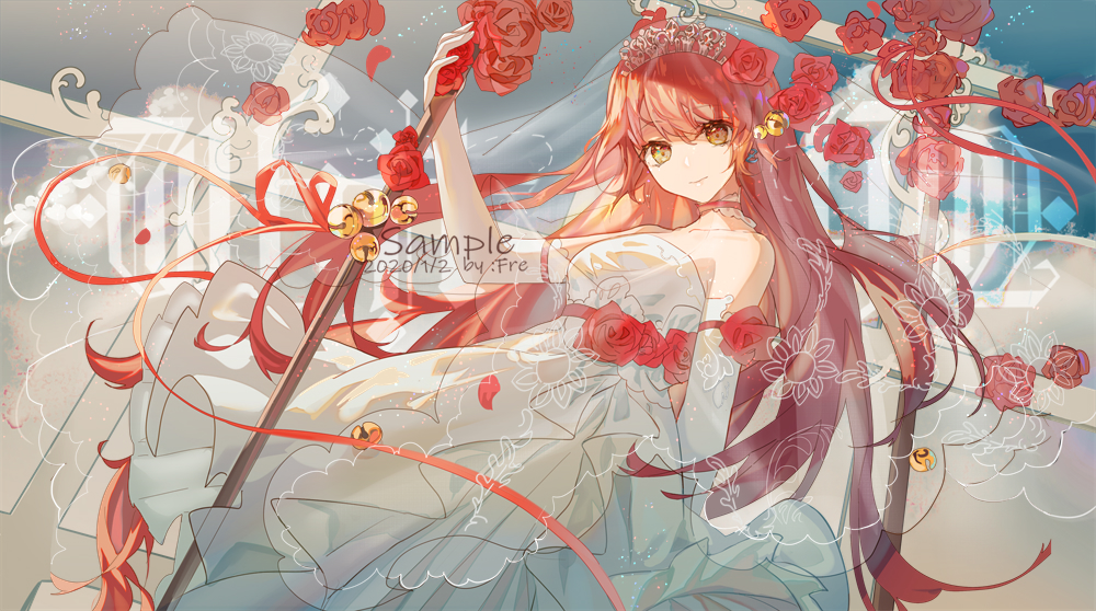 fre (haochilanzuo), original, commission, 1girl, bare shoulders, bell, blue sky, bridal veil, bride, brown eyes, choker, closed mouth, collarbone, cowboy shot, day, dress, elbow gloves, floating clothes, floating hair, flower, frilled choker, frilled dress, frills, gloves, gown, happy, holding, light particles, long hair, outdoors, picture frame, pink choker, pink hair, red flower, red ribbon, red rose, ribbon, rose, sample watermark, see-through clothes, see-through veil, sky, smile, solo, standing, strapless, strapless dress, tiara, veil, very long hair, watermark, wedding dress, white dress, white gloves, white veil