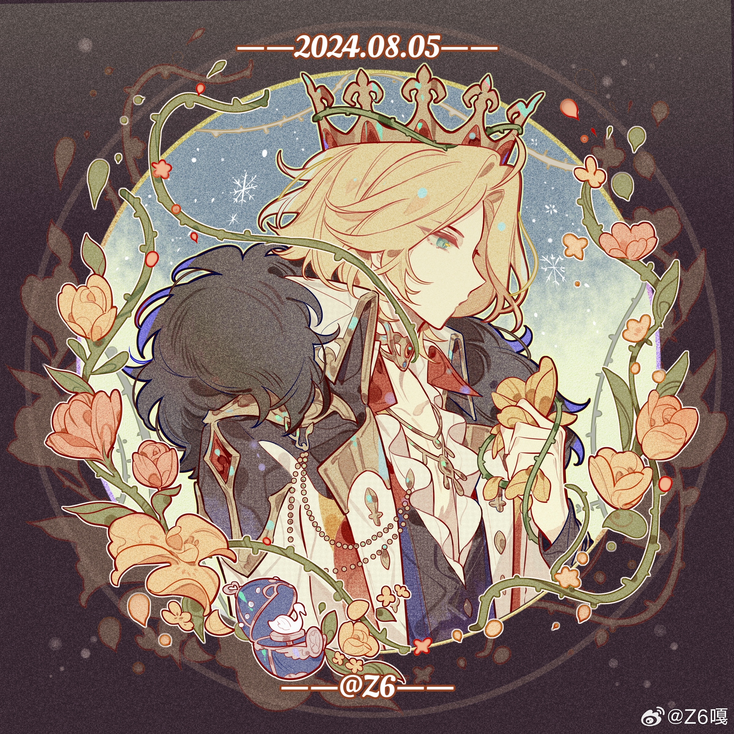 z6, lars rorschach, lars rorschach (godheim), lovebrush chronicles, absurdres, chinese commentary, highres, 1boy, ahoge, aqua eyes, artist name, black vest, blonde hair, blue background, border, brown border, buttons, center frills, closed mouth, coat, collarbone, collared coat, collared shirt, crown, curtained hair, dated, diamond button, expressionless, faberge egg, flower, frills, fur-trimmed coat, fur trim, gem, gold choker, gold necklace, gradient border, hand up, holding, holding flower, iris (flower), jewelry, lapel pin, lapels, long sleeves, looking ahead, male focus, necklace, open clothes, open coat, outside border, parted bangs, partially unbuttoned, petals, pink flower, plant, profile, red gemstone, round image, shirt, short hair, snowflakes, snowing, solo, upper body, vest, vines, watermark, weibo watermark, white coat, white shirt, yellow flower