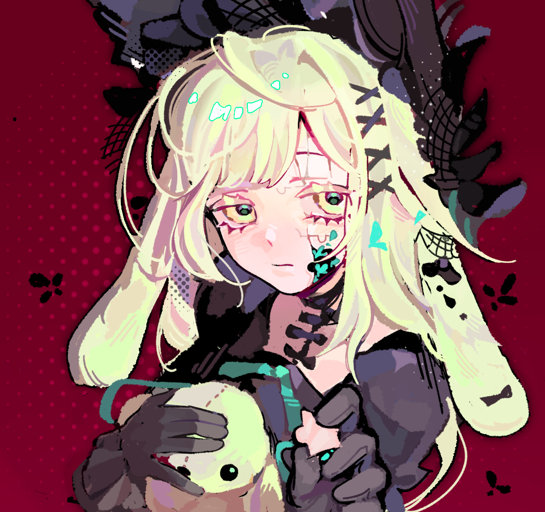 wakaba mutsumi, arknights, bang dream!, bang dream! it's mygo!!!!!, bad source, chinese commentary, commentary request, 1girl, animal ears, black bonnet, black gloves, blonde hair, bonnet, bug, butterfly, choker, closed mouth, cracked skin, doublevvwv, floppy ears, gloves, gothic lolita, hair ornament, holding, holding stuffed toy, insect, lolita fashion, long hair, looking at viewer, rabbit ears, rabbit girl, red background, sidelocks, solo, stuffed animal, stuffed rabbit, stuffed toy, upper body, wakaba mutsumi (marionette's id), x hair ornament, yellow eyes