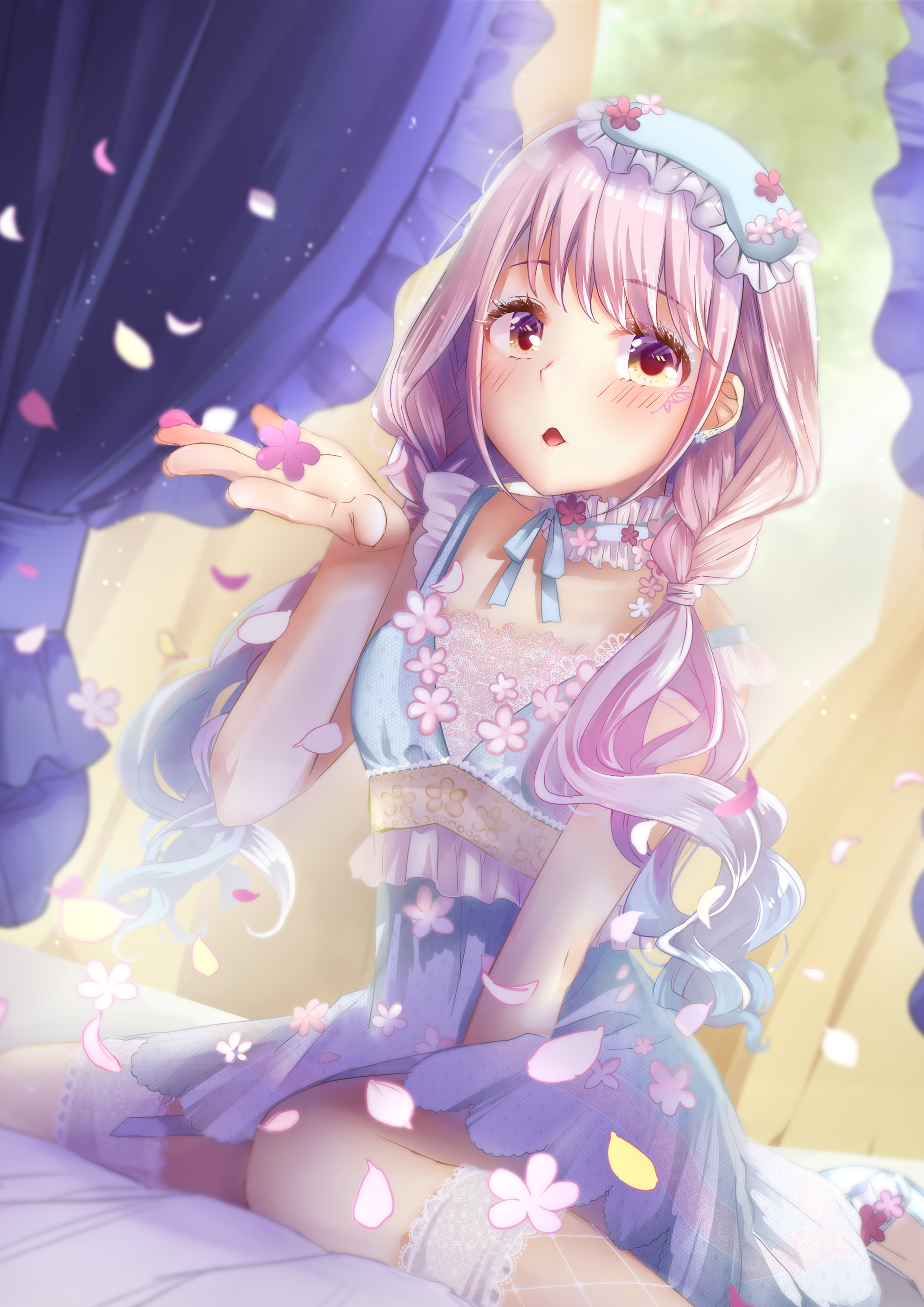 kazari s, nikki (series), shining nikki, absurdres, highres, 1girl, bedroom, blue bra, blue choker, blue hair, blue mask, blue ribbon, blue skirt, bra, bra over clothes, brown eyes, choker, curtains, dutch angle, expressionless, eyelashes, feet out of frame, fishnet socks, fishnets, floral print, flower, frilled choker, frilled skirt, frills, gradient hair, hair over shoulder, hair tie, hand on lap, high-waist skirt, indoors, kneehighs, kneeling, lace-trimmed socks, lace shirt, light blush, light particles, light rays, long hair, looking at viewer, low twintails, mask, mask on head, miniskirt, multicolored hair, on bed, open mouth, outstretched hand, petals, pink flower, pink hair, pleated skirt, pointy nose, ribbon, ribbon choker, shirt, sitting, skirt, sleep mask, socks, solo, strapless, strapless shirt, sunlight, tareme, telosma's kiss (shining nikki), twintails, two-tone hair, underwear, very long hair, wariza, wavy hair, white shirt, white socks