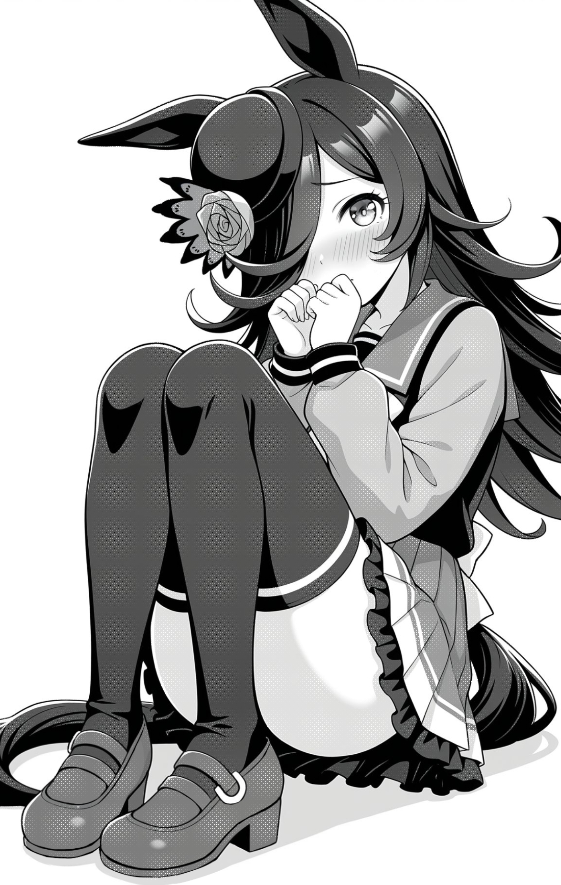 akagi koku, rice shower (umamusume), umamusume, commentary, highres, 1girl, animal ears, back bow, blush, bow, closed mouth, collarbone, convenient leg, frilled skirt, frills, full body, greyscale, hair over one eye, hands up, hat, horse ears, horse girl, horse tail, knees up, long hair, long sleeves, looking at viewer, monochrome, pleated skirt, sailor collar, shirt, shoes, simple background, sitting, skirt, solo, tail, thighhighs