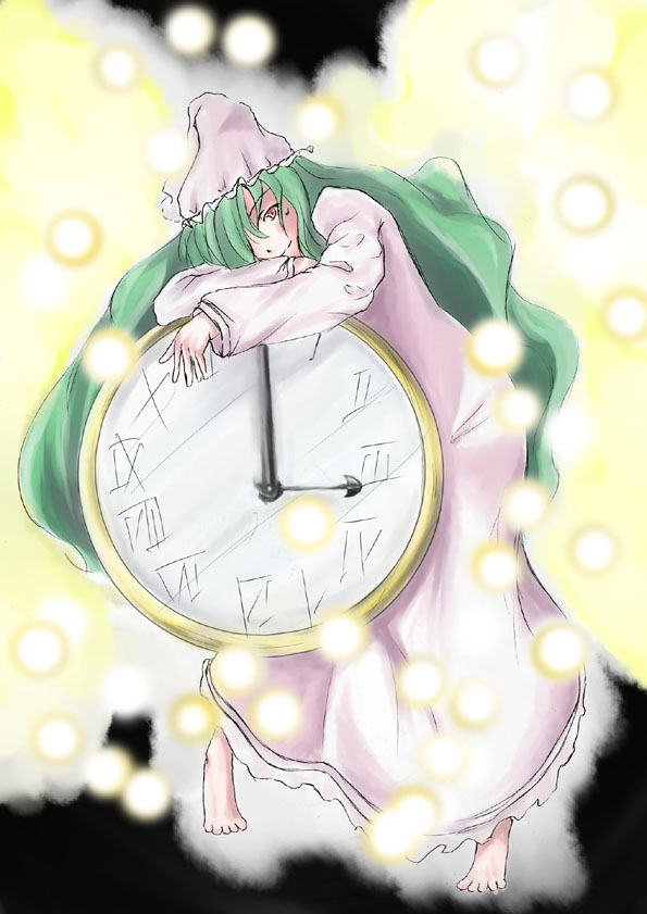 kazami yuuka, kazami yuuka (pc-98), lotus land story, touhou, touhou (pc-98), 1girl, alternate hairstyle, barefoot, clock, female focus, green hair, long hair, pajamas, solo, very long hair
