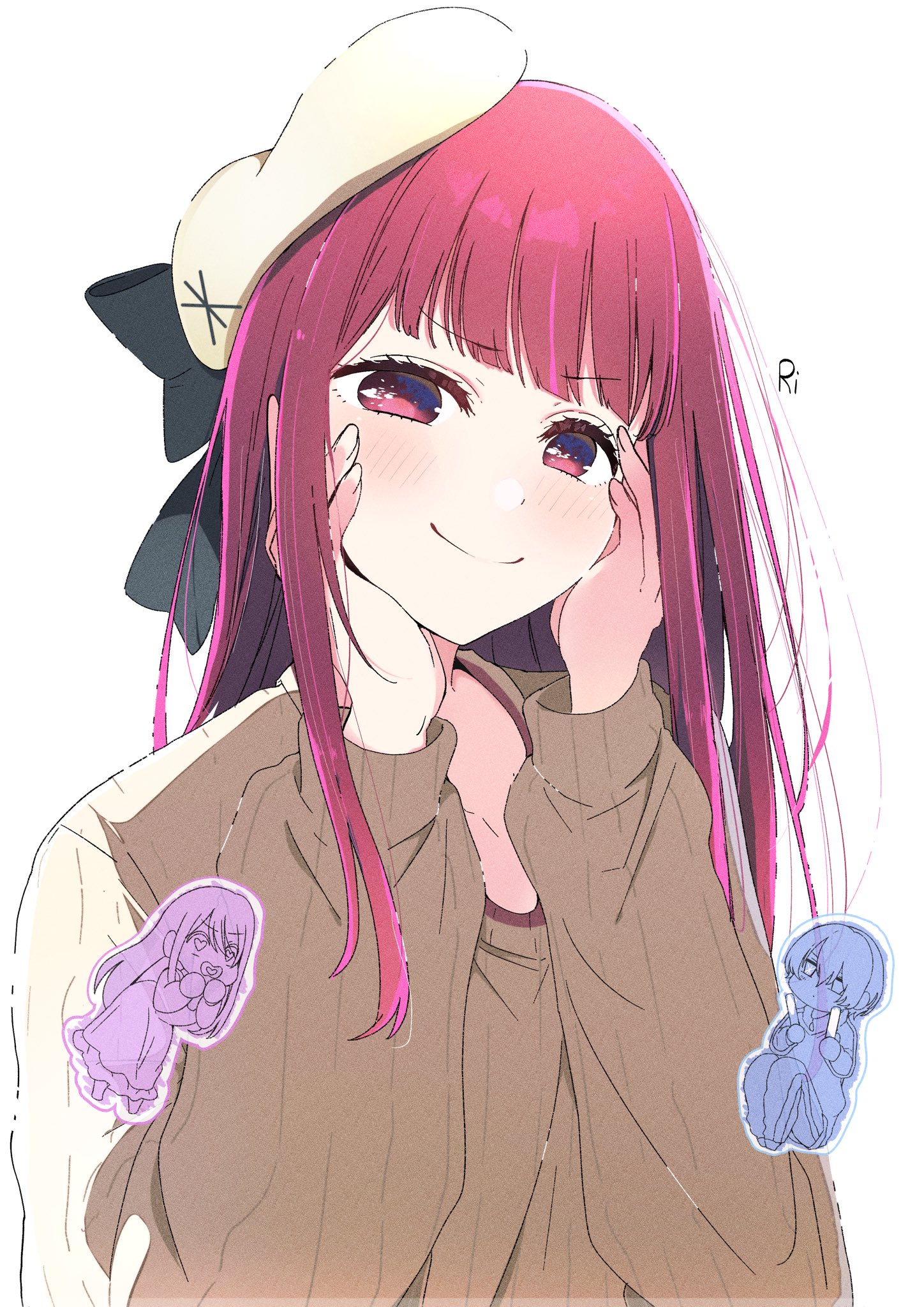 risdelusions, arima kana, hoshino aquamarine, oshi no ko, highres, 1boy, 2girls, alternate hairstyle, beret, blush, bow, chibi, closed mouth, collarbone, hands on own face, hat, hat bow, long hair, long sleeves, multiple girls, red eyes, red hair, smile, solo focus, sweater, upper body, white background