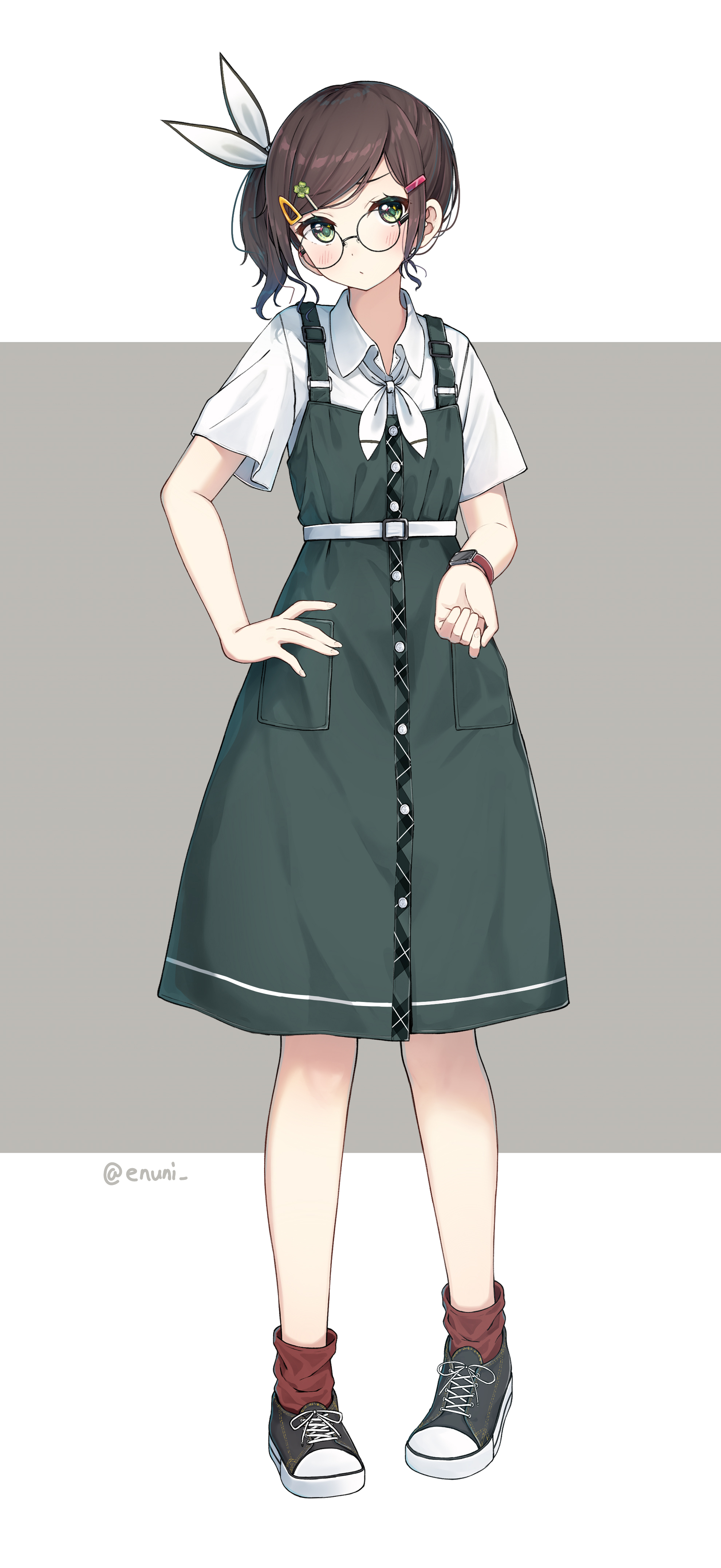 enuni, original, absurdres, commentary request, highres, revision, 1girl, black-framed eyewear, black shoes, blue dress, blush, brown hair, closed mouth, clover hair ornament, collared shirt, dress, four-leaf clover hair ornament, full body, glasses, green eyes, grey background, hair ornament, hair ribbon, hairclip, red socks, ribbon, round eyewear, shirt, shoes, side ponytail, sleeveless, sleeveless dress, sneakers, socks, solo, standing, twitter username, two-tone background, watch, white background, white ribbon, white shirt, wristwatch, yumesaki emiko