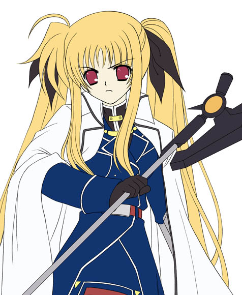 takenaka hisato, bardiche (assault form) (nanoha), bardiche (nanoha), fate testarossa, fate testarossa (impulse form), lyrical nanoha, mahou shoujo lyrical nanoha, 00s, 1girl, angry, blonde hair, cape, female focus, long hair, red eyes, solo, twintails, very long hair, wand