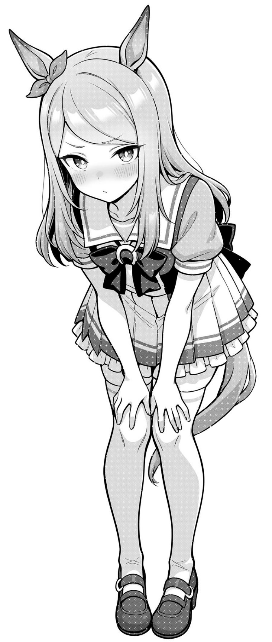 akagi koku, mejiro mcqueen (umamusume), umamusume, commentary, highres, 1girl, animal ears, back bow, blush, bow, bowtie, bright pupils, closed mouth, ear bow, frilled skirt, frills, full body, greyscale, horse ears, horse girl, horse tail, leaning forward, long hair, looking at viewer, monochrome, pleated skirt, sailor collar, school uniform, shirt, shoes, short sleeves, simple background, skirt, solo, standing, tail, thighhighs, tracen school uniform, zettai ryouiki