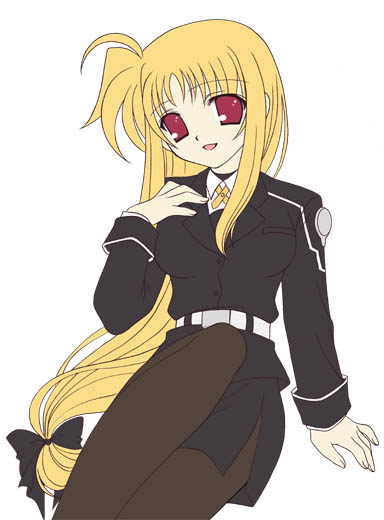 takenaka hisato, fate testarossa, lyrical nanoha, mahou shoujo lyrical nanoha, 00s, 1girl, blonde hair, female focus, long hair, low-tied long hair, pantyhose, red eyes, solo, very long hair