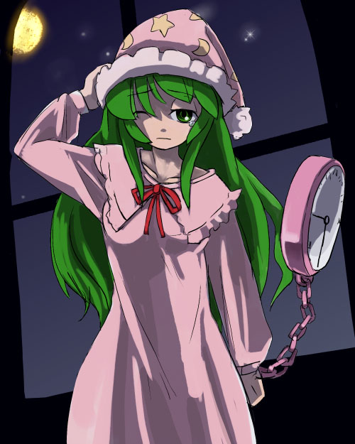 hirosato, kazami yuuka, kazami yuuka (pc-98), lotus land story, touhou, touhou (pc-98), 1girl, alternate hairstyle, female focus, green eyes, green hair, hat, long hair, matching hair/eyes, moon, night, one eye closed, pajamas, pocket watch, sleepy, solo, star (symbol), tears, watch, window, wink