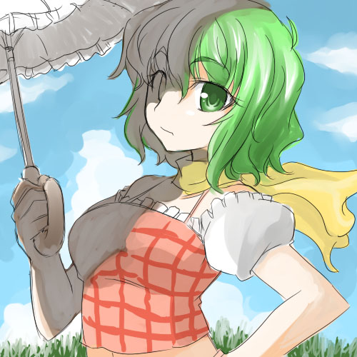 tajima yuuki, kazami yuuka, touhou, lowres, 1girl, alternate costume, breasts, cloud, day, dress, female focus, green eyes, green hair, hand on own hip, matching hair/eyes, medium breasts, parasol, plaid clothes, plaid dress, scarf, short hair, solo, sundress, umbrella