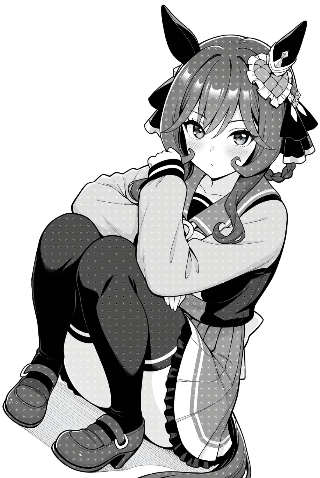 akagi koku, gentildonna (umamusume), umamusume, commentary, highres, 1girl, animal ears, back bow, blush, bow, closed mouth, collarbone, convenient leg, frilled skirt, frills, full body, greyscale, hair ribbon, horse ears, horse girl, horse tail, knees up, long hair, long sleeves, looking at viewer, monochrome, pleated skirt, ribbon, sailor collar, school uniform, shirt, shoes, simple background, sitting, skirt, solo, tail, thighhighs, tracen school uniform