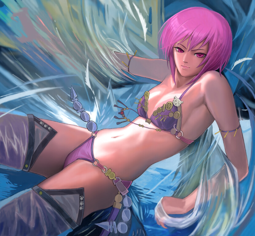 nyah, beatmania iidx, bemani, tagme, bikini, one-piece swimsuit, pink hair, purple one-piece swimsuit, swimsuit