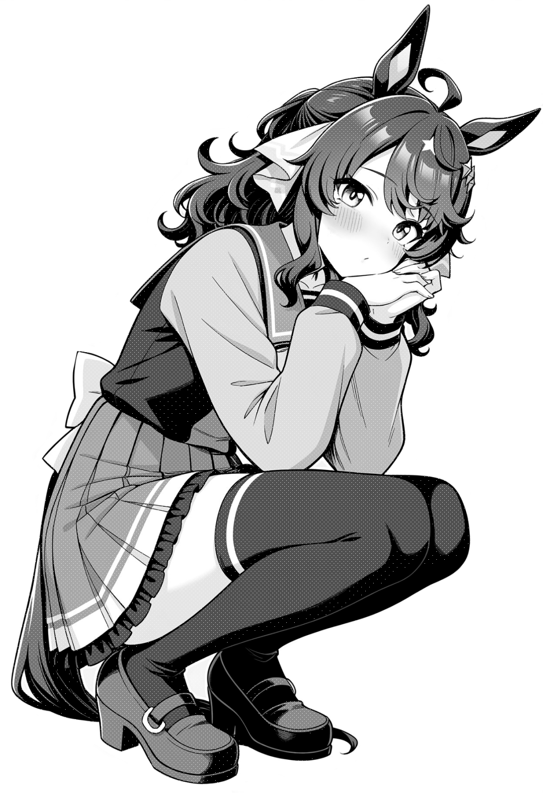 akagi koku, daring tact (umamusume), umamusume, commentary, highres, 1girl, ahoge, animal ears, back bow, blush, bow, closed mouth, frilled skirt, frills, full body, greyscale, hair ribbon, horse ears, horse girl, horse tail, long hair, long sleeves, looking at viewer, monochrome, own hands together, pleated skirt, ribbon, sailor collar, school uniform, shirt, shoes, simple background, skirt, solo, squatting, tail, thighhighs, tracen school uniform, zettai ryouiki