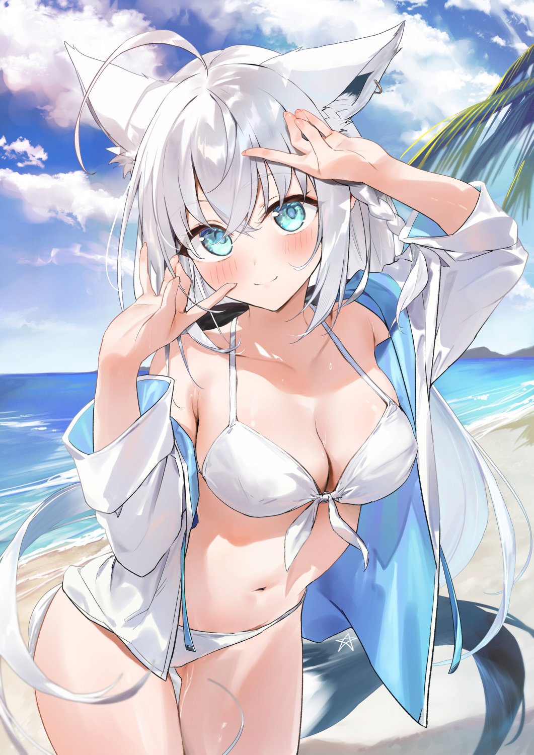 kasumi komo, shirakami fubuki, hololive, commentary, highres, 1girl, ahoge, animal ear fluff, animal ears, beach, bikini, blue eyes, blue sky, blush, braid, breasts, cleavage, closed mouth, cloud, collarbone, cowboy shot, day, fox ears, fox girl, fox tail, front-tie bikini top, front-tie top, hands up, jacket, large breasts, long sleeves, looking at viewer, navel, ocean, open clothes, open jacket, outdoors, short hair, sky, smile, solo, swimsuit, tail, virtual youtuber, white hair, white jacket