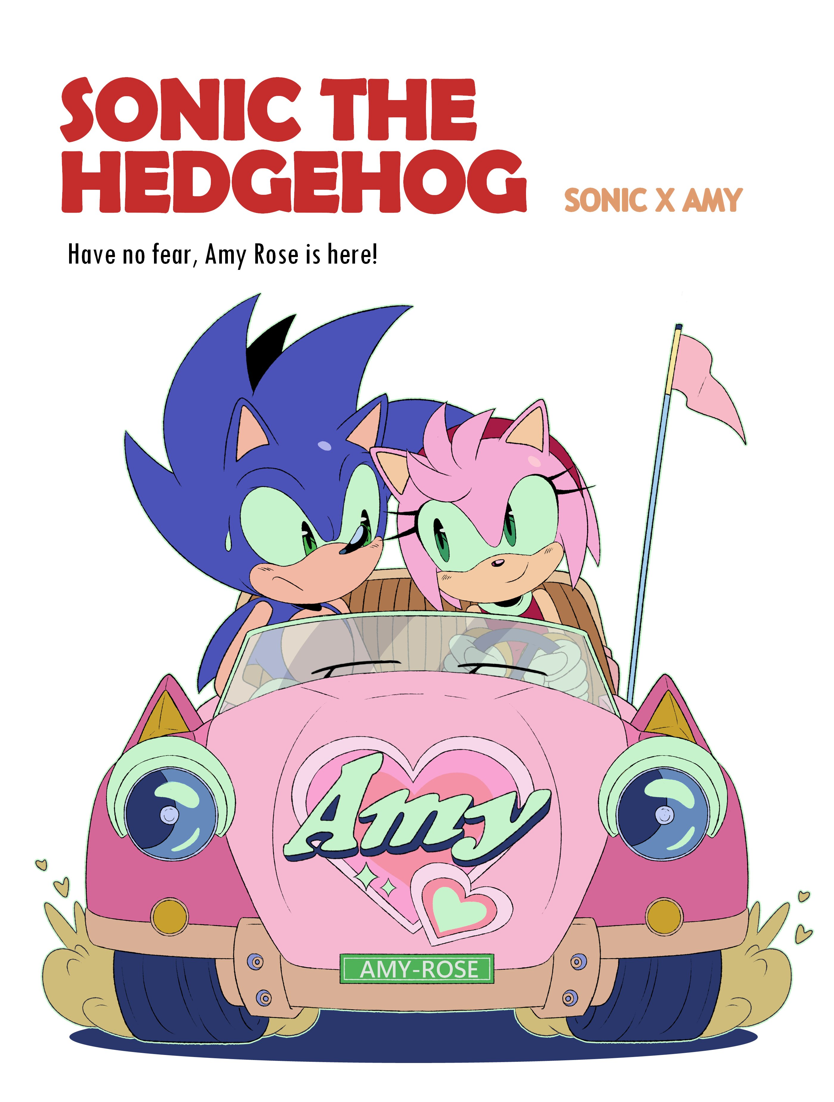 amy rose, sonic the hedgehog, sonic (series), blue fur, blue hair, blush, car, couple, dress, driving, green eyes, medium hair, motor vehicle, nervous, pink fur, pink hair, smile, sonamy, spiked hair, twistedsquid