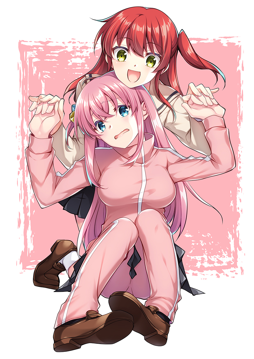 gunp, gotoh hitori, kita ikuyo, bocchi the rock!, commentary request, highres, 2girls, black skirt, blue eyes, breasts, brown shirt, brown shoes, choppy bangs, crossed bangs, cube hair ornament, dot nose, embarrassed, green eyes, hair between eyes, hair ornament, hands up, holding hands, jacket, kneeling, large breasts, loafers, long bangs, long hair, long sleeves, multiple girls, one side up, open mouth, pants, pants under skirt, pink hair, pink jacket, pink pants, raised inner eyebrows, red eyes, school uniform, shirt, shoes, shuka high school uniform, sitting, skirt, smile, straight hair, track jacket, track pants, two-tone background
