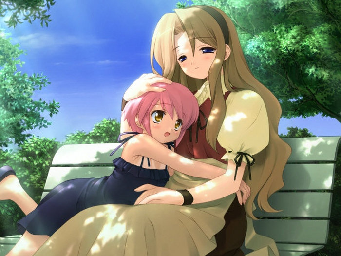 gayarou, kousaka maria, suigetsu, character request, game cg, 2girls, bed, bench, blonde hair, blue eyes, blush, child, dappled sunlight, day, dress, hand on another's head, hug, long hair, multiple girls, nature, outdoors, pink hair, short hair, sitting, sky, smile, sunlight, wristband, yellow eyes