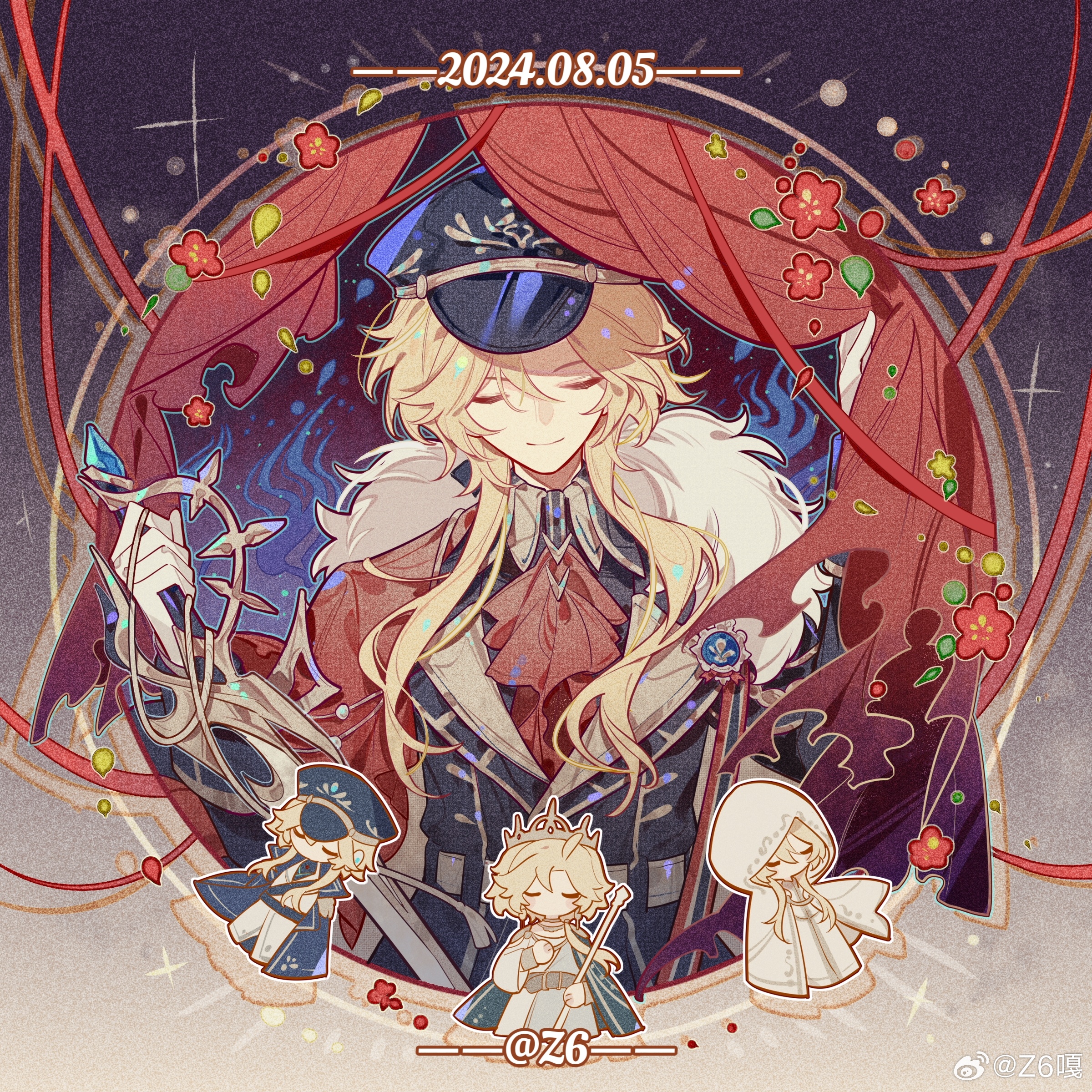 z6, lars rorschach, lars rorschach (infinite empire), lovebrush chronicles, absurdres, chinese commentary, highres, 1boy, aiguillette, artist name, ascot, black coat, black hat, black shirt, blonde hair, blue fire, border, cape, character doll, cloak, closed eyes, closed mouth, coat, collared shirt, crown, curtain grab, curtains, dated, doll, facing viewer, falling petals, fire, flower, fur-trimmed cape, fur trim, gloves, gradient border, green cape, grey border, hair between eyes, hands up, hat, holding, holding sword, holding weapon, lapels, leaf, long hair, long sleeves, male focus, notched lapels, outside border, peaked cap, petals, purple border, red ascot, red flower, red ribbon, reverse grip, ribbon, robe, round image, shirt, side cape, sleeve cuffs, smile, solo, straight-on, sword, torn curtains, upper body, watermark, weapon, weibo watermark, white cloak, white gloves, white robe