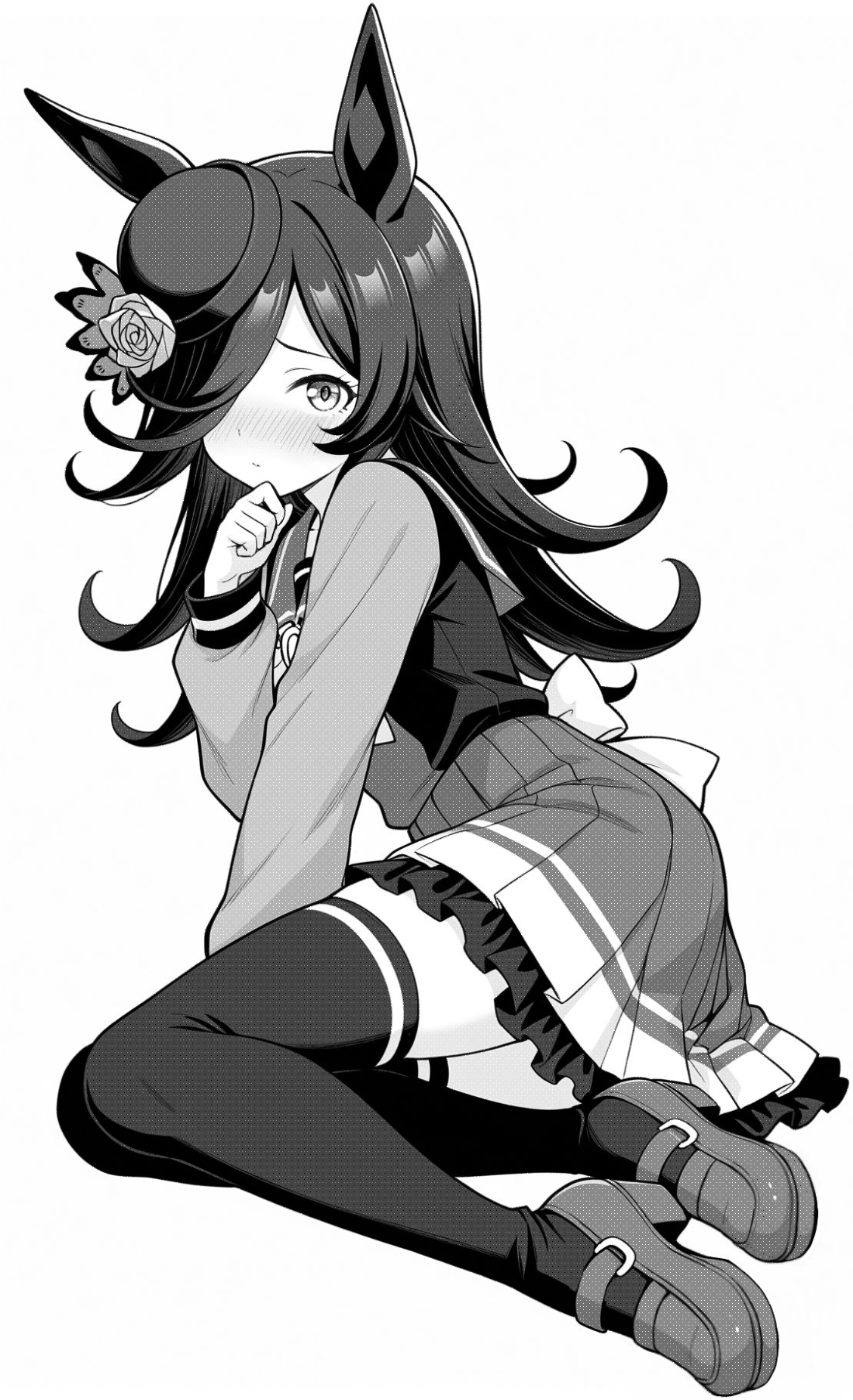 akagi koku, rice shower (umamusume), umamusume, commentary, highres, 1girl, animal ears, back bow, blush, bow, bowtie, closed mouth, frilled skirt, frills, full body, greyscale, hair over one eye, hand up, hat, horse ears, horse girl, horse tail, long hair, long sleeves, looking at viewer, lying, monochrome, on side, pleated skirt, sailor collar, shirt, shoes, simple background, skirt, solo, tail, thighhighs, zettai ryouiki