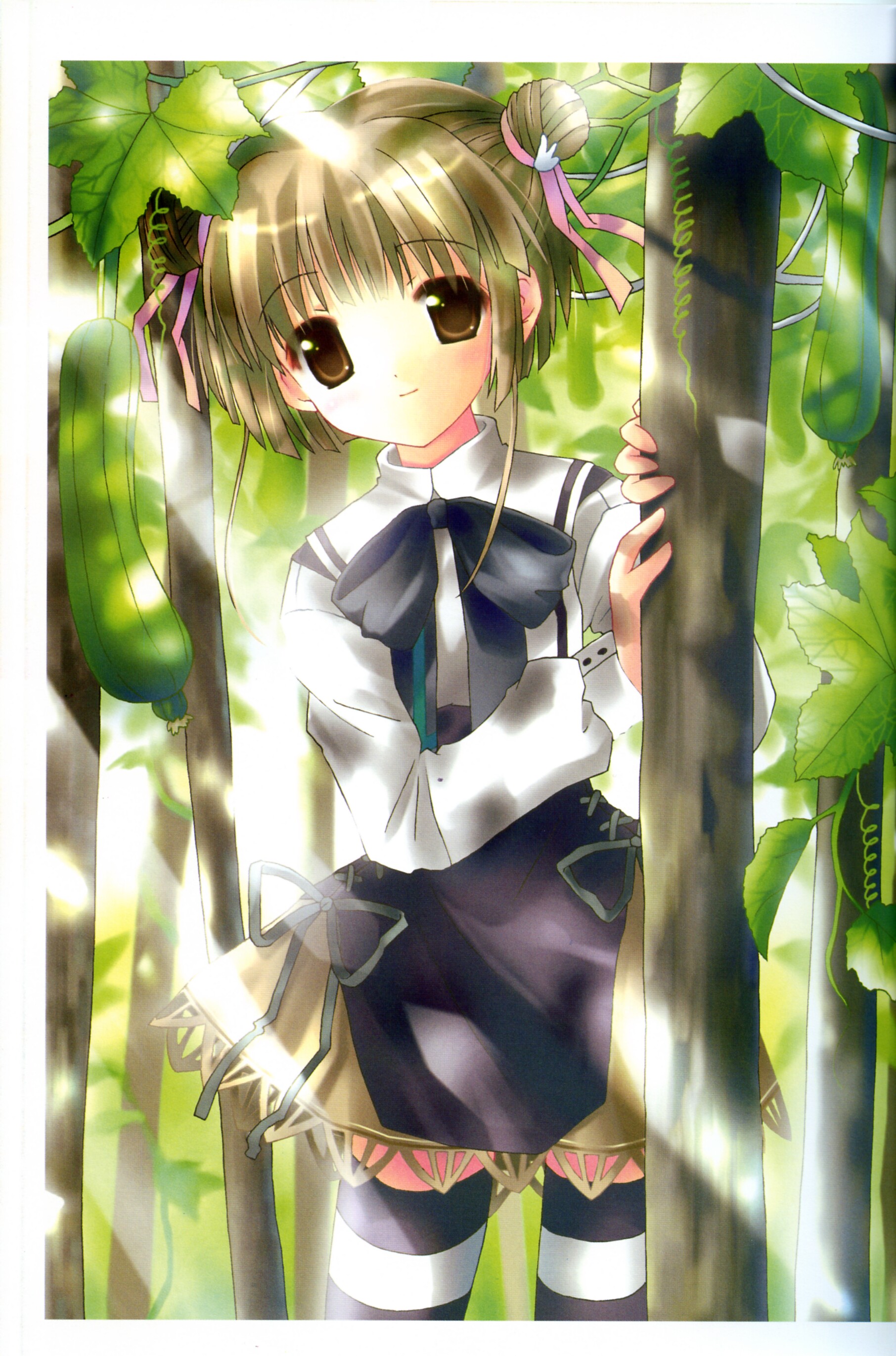 absurdres, highres, 1girl, bow, brown eyes, female focus, hair ribbon, plant, ribbon, school uniform, serafuku, skirt, solo, thighhighs, zettai ryouiki
