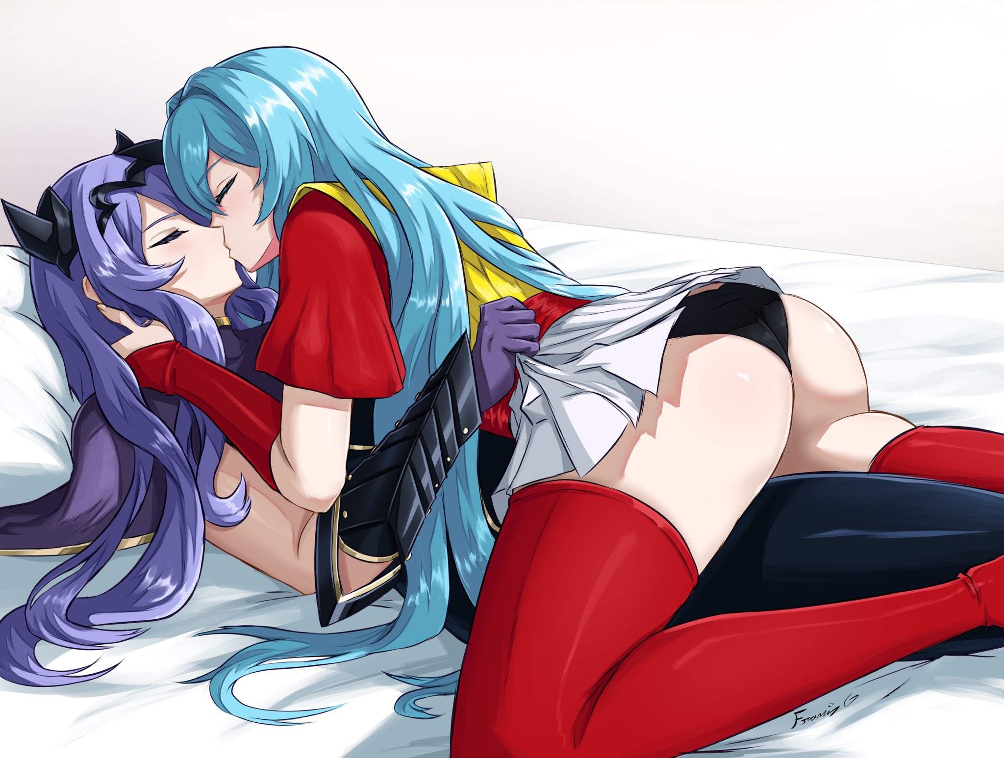 fgsketch, camilla (fire emblem), eirika (fire emblem), fire emblem, fire emblem: the sacred stones, fire emblem fates, nintendo, commentary, commission, english commentary, highres, 2girls, aqua hair, ass, black panties, boots, closed eyes, gloves, kiss, long hair, miniskirt, multiple girls, on bed, panties, pillow, pulling another's clothes, purple gloves, purple hair, signature, skirt, thigh boots, underwear, upskirt, very long hair, yuri