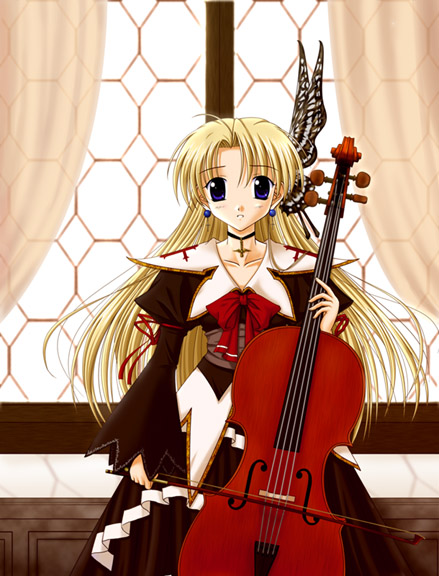 blonde hair, blue eyes, bow, bug, butterfly, cello, choker, dress, earrings, insect, instrument, jewelry, long hair, ribbon, solo