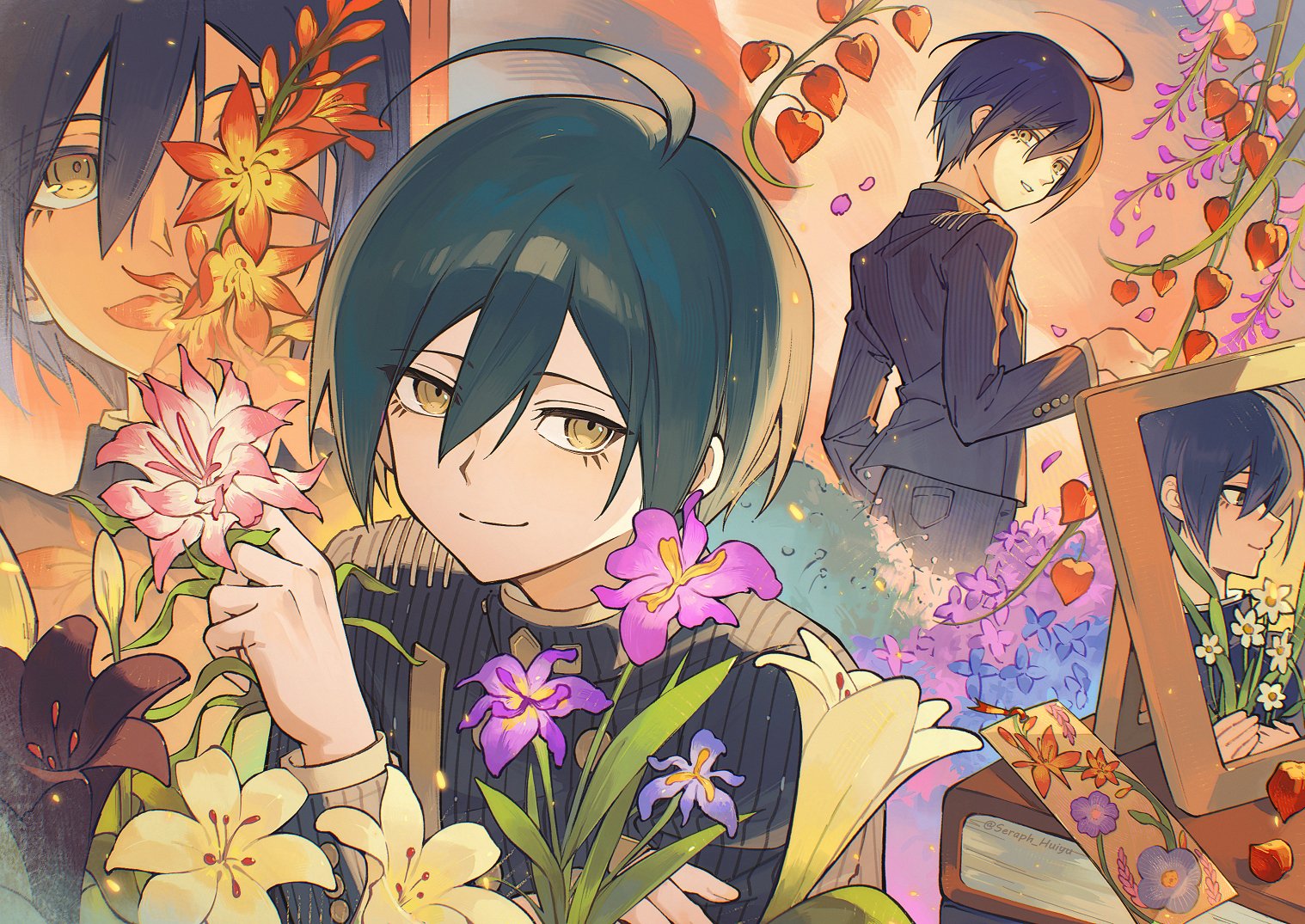 ewa (seraphhuiyu), saihara shuichi, danganronpa (series), danganronpa v3: killing harmony, 1boy, ahoge, black hair, black jacket, black pants, brown eyes, flower, green hair, hair between eyes, holding, holding flower, jacket, long sleeves, looking at viewer, male focus, multiple views, pants, photo (object), pink flower, red flower, short hair, smile, yellow flower