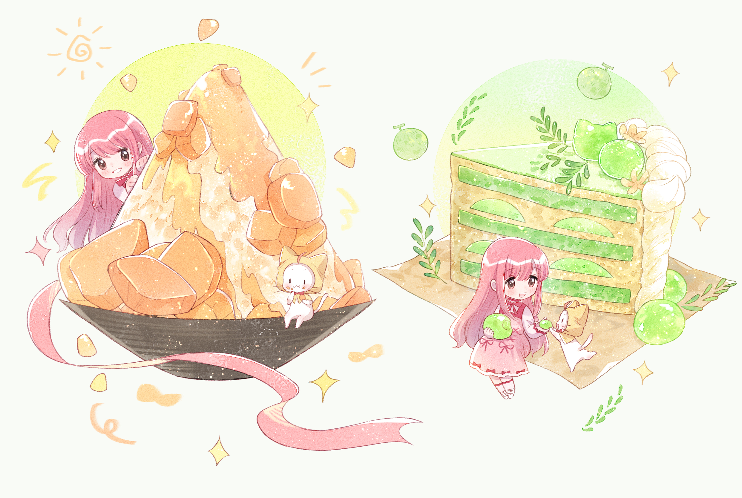 bloom poetry (shining nikki), momo (nikki), nikki (nikki), nikki (series), shining nikki, artist request, highres, official art, second-party source, 1girl, animal, ankle socks, black eyes, bow, bowl, bowtie, cake, cake slice, cat, chewing, chibi, circle, cloak, closed mouth, clothed animal, cross-laced clothes, cross-laced dress, crumbs, dress, dress bow, dress ribbon, ear covers, eating, food, fruit, holding funnel, hood, hood up, hooded cloak, light particles, long dress, long hair, long sleeves, looking at animal, mary janes, melon, melon slice, napkin, oversized food, oversized object, pinafore dress, pink dress, pink hair, pink ribbon, red bow, red bowtie, red ribbon, ribbon, shaved ice, shirt, shoes, sleeveless, sleeveless dress, socks, solid oval eyes, sparkle, sun symbol, traditional bowtie, turtleneck, turtleneck shirt, very long hair, wavy mouth, white background, white cat, white shirt, white shoes, white socks, yellow cloak