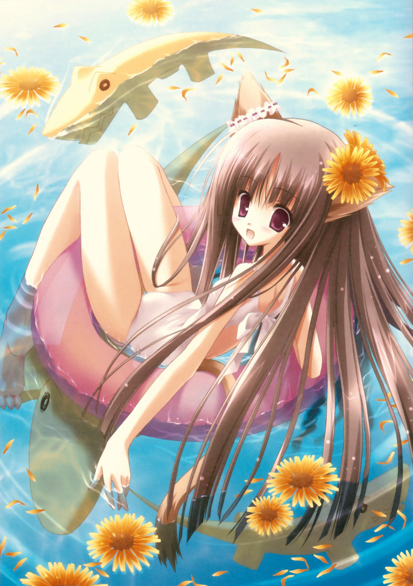 tinker bell (pixiv 10956015), highres, scan, 1girl, afloat, alligator, animal ears, bad anatomy, bad feet, brown hair, casual one-piece swimsuit, cat, cat ears, cat tail, crocodilian, feet, female focus, fish, flower, hair flower, hair ornament, innertube, long hair, looking back, one-piece swimsuit, poorly drawn, purple eyes, red eyes, solo, sunflower, swim ring, swimsuit, tail