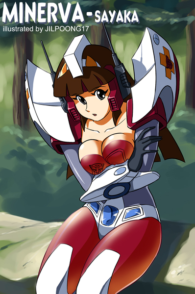 jilpoong17, minerva (transformers), yumi sayaka, mazinger (series), mazinger z, transformers, breast hold, 1girl, breasts, cleavage, cosplay, crossed arms, female focus, grey eyes, large breasts, long hair, mecha, mecha musume, nature, open mouth, outdoors, pantyhose, pun, red pantyhose, robot, sitting, solo, tree