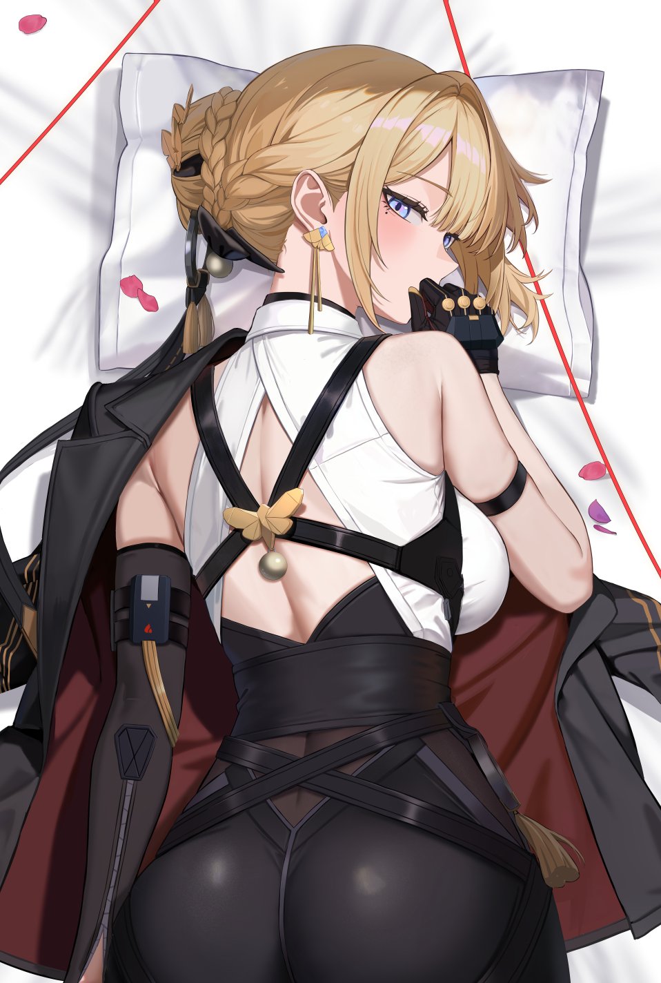 gaitoou, evelyn chevalier, zenless zone zero, commentary request, highres, 1girl, arm strap, ass, back, black gloves, black jacket, black pants, blonde hair, blush, breasts, chest harness, covering own mouth, dakimakura (medium), earrings, gloves, hair up, harness, high-waist pants, jacket, jewelry, large breasts, looking at viewer, looking back, lying, mole, mole under eye, on stomach, pants, purple eyes, shirt, solo, tight clothes, tight pants, upper body, white shirt